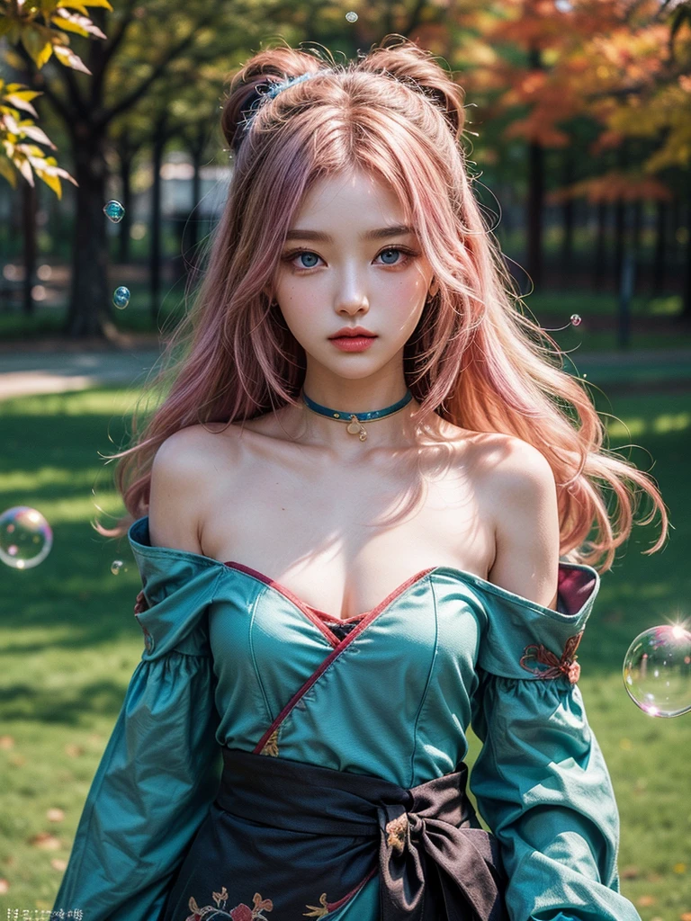 (masterpiece), (Best quality), (Super detailed), (dirty hair), (illustration), (1 girl) (Long pink hair 1.5) (Blue eyes) (Double tail 2.0), ((((No shoulders))),traditional Chinese theatrical costume, (I look at the audience, (interview), (Simple background), Beautiful and gentle eyes, gentle beautiful face, Soaring (high saturation), (Colorful shine), colorful bubbles, (shine), Accent on face, PerfectNwsjMajic, conservative clothing, shoulderless, Autumn clothes, facing the masses, ideal figure