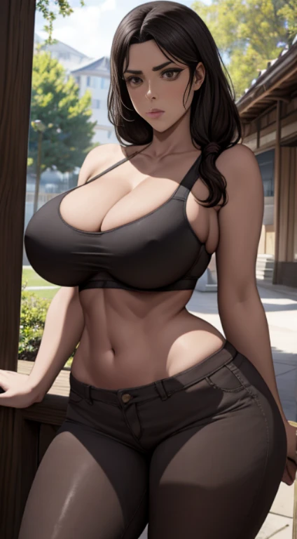 one girl, big sized breasts, cleavage, MILFs, thigh legs, Long black hair, hair over shoulder, brown eyes, t shirt and short jeans, perfect curvy shaped bodies, sports bra and shorts ,ultra realistic squinting sexy eyes , sports bra and shorts , massive sized breasts, both are standing, thigh legs, brown colour eyes, ultra realistic detailed shiny brown eyes, beautiful and perfect face, sunlight and garden background, black hair, bright brown colour eyes