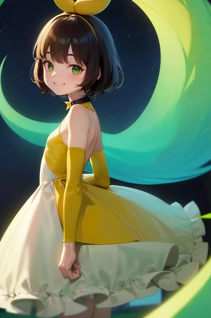 1 chica, solo, absurdos, mejor calidad, (cocky smile:1.2), pelo de colores, green eyes, vestido sin mangas, adorno para el pelo, vestido negro, corto, cola de caballo lateral, pelo largo, nochetime, noche, Ciudad, estrellas, cielo estrellado, small breasts, pecho plano, guantes blancos, medias blancas, (manos en la cintura:1.2), (retrato, directo, Punto de vista, mirando al espectador, parte superior del cuerpo:1.3)