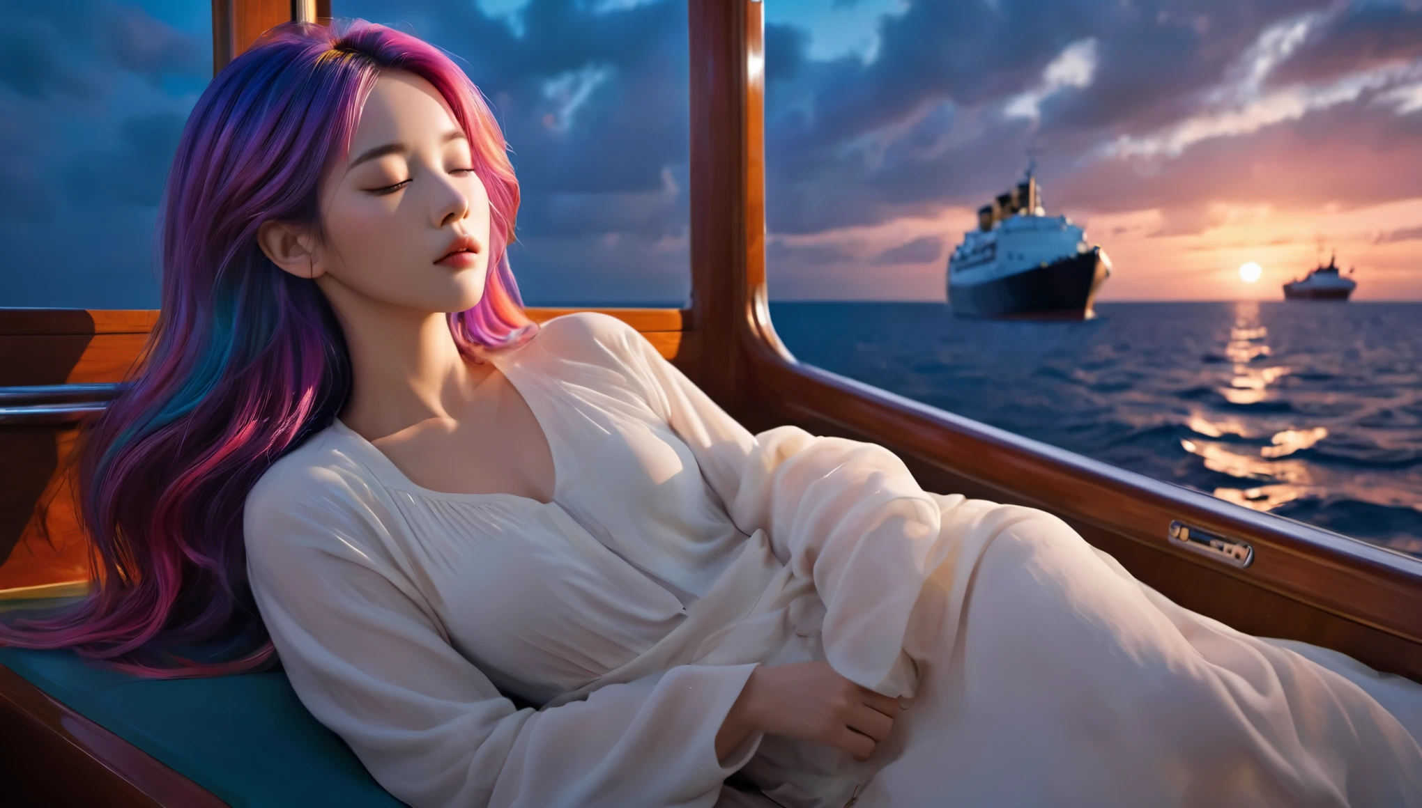 {{masterpiece}}, best quality, Extremely detailed CG unified 8k wallpaper, Movie Lighting,Minimalist style， A woman sleeping on a boat，Sleep with eyes closed，The window of the ship behind， A quiet night. , Multi-colored hair, (Colorful hair:1.5),