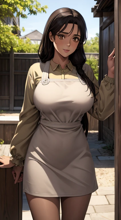 Cute girl, big breasts , long open hair, brown color full sleeve clothes, white apron, brown eyes and black hair, long hair, short skirt, ultra realistic eyes , sunlight and garden background, brown eyes, ultra realistic detailed eyes, innocent eyes, looking at camera, beautiful smile, beautiful face ,black color hair