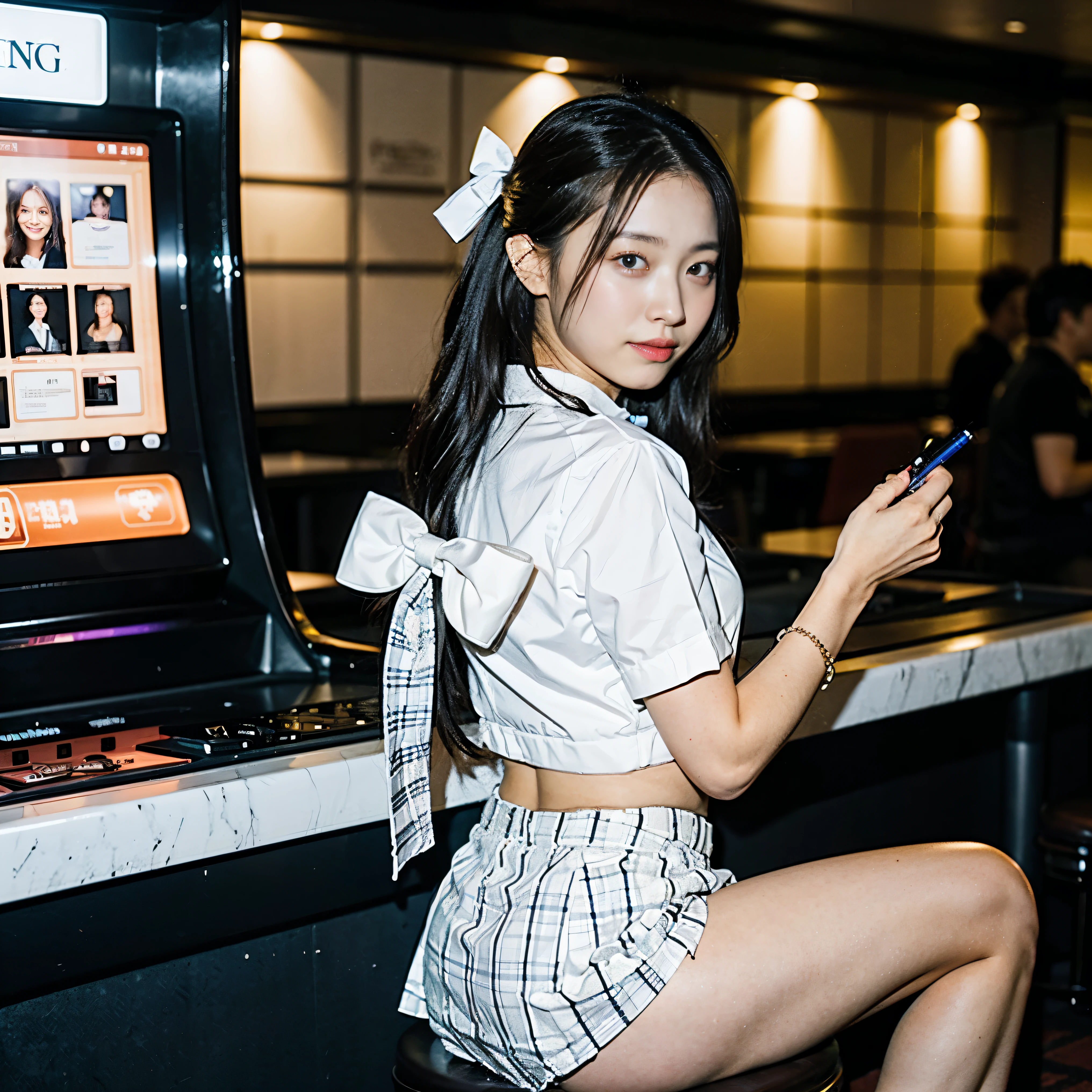 (Young beautiful woman)、(Forward bending)、(Shot from the bottom of the rear:1.2)、((Peeking into a miniskirt))、(Exposing the finest white panties:1.2)、(White Shirt、A bow tie、Tartan check mini skirt:1.3)、Casino clerk、casino