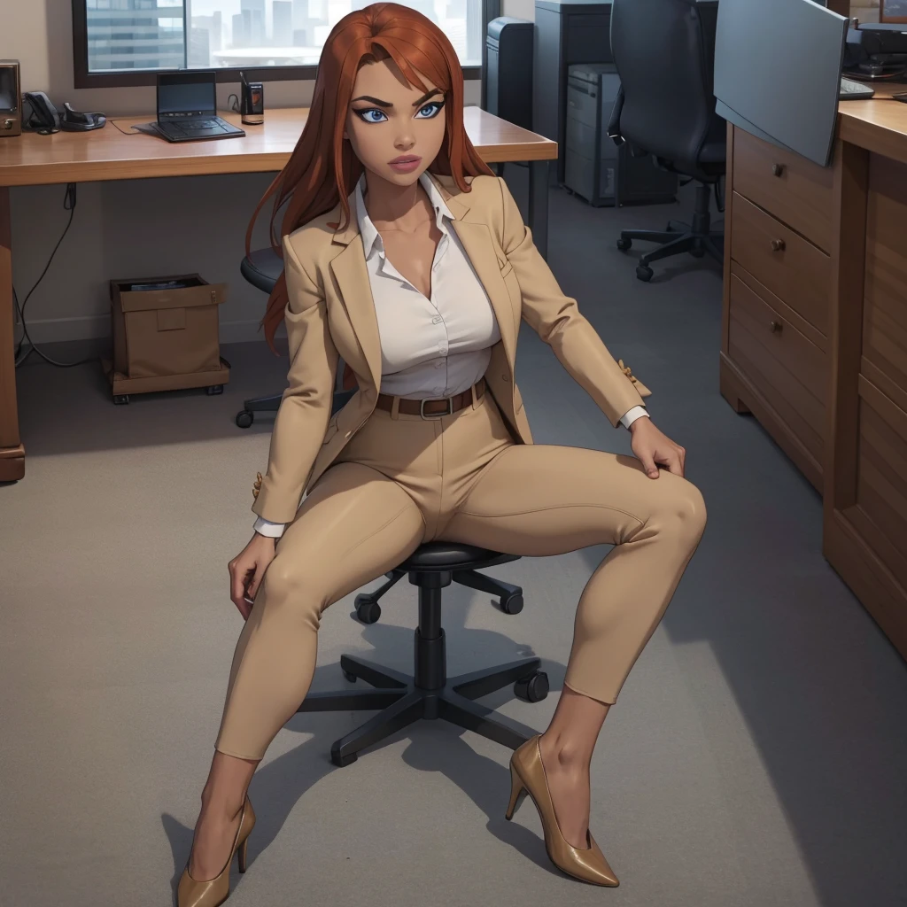 (masterpiece, high quality) woman, formal business suit, shirt, pants, solo , looking at viewer, perfect face, suits tan, tan colour, white shirt,sexy breasts,fit super model body, fit_business_suit s, crystal blue eyes, eyelashes, makeup, skyscraper, full body, she is the boss, ultra quality 4k, super confident, sit like the boss, [From Below, Looking Up][Modern Office Setting] tan colour office suits , tan shoes, ((open clothes)) big breasts out