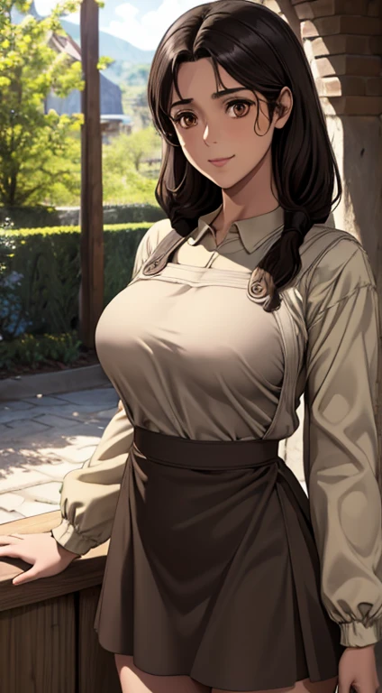 Cute girl, big breasts , long open hair, brown color full sleeve clothes, white apron, brown eyes and black hair, long hair, short skirt, ultra realistic eyes , sunlight and garden background, brown eyes, ultra realistic detailed eyes, innocent eyes, looking at camera, beautiful smile, beautiful face ,black color hair