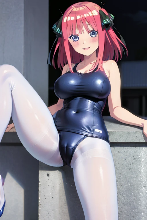 best quality, ultra-detailed masterpiece, anime art style, cute characters, nino nakano, one-piece swimsuit, large , pantyholush, smile, open legs