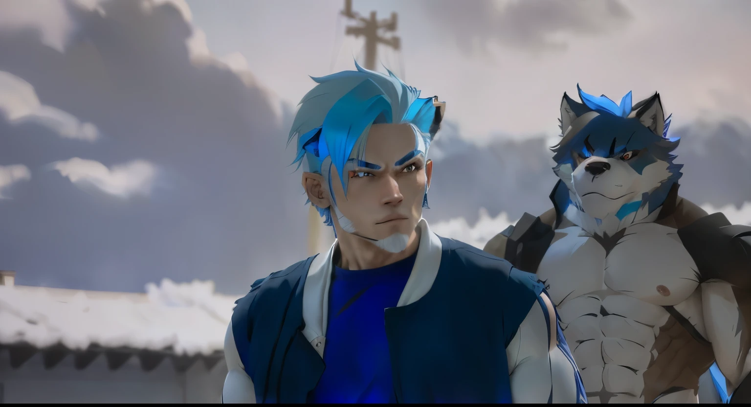 Anime furry, male, wolf man, human blue hair, muscle furry