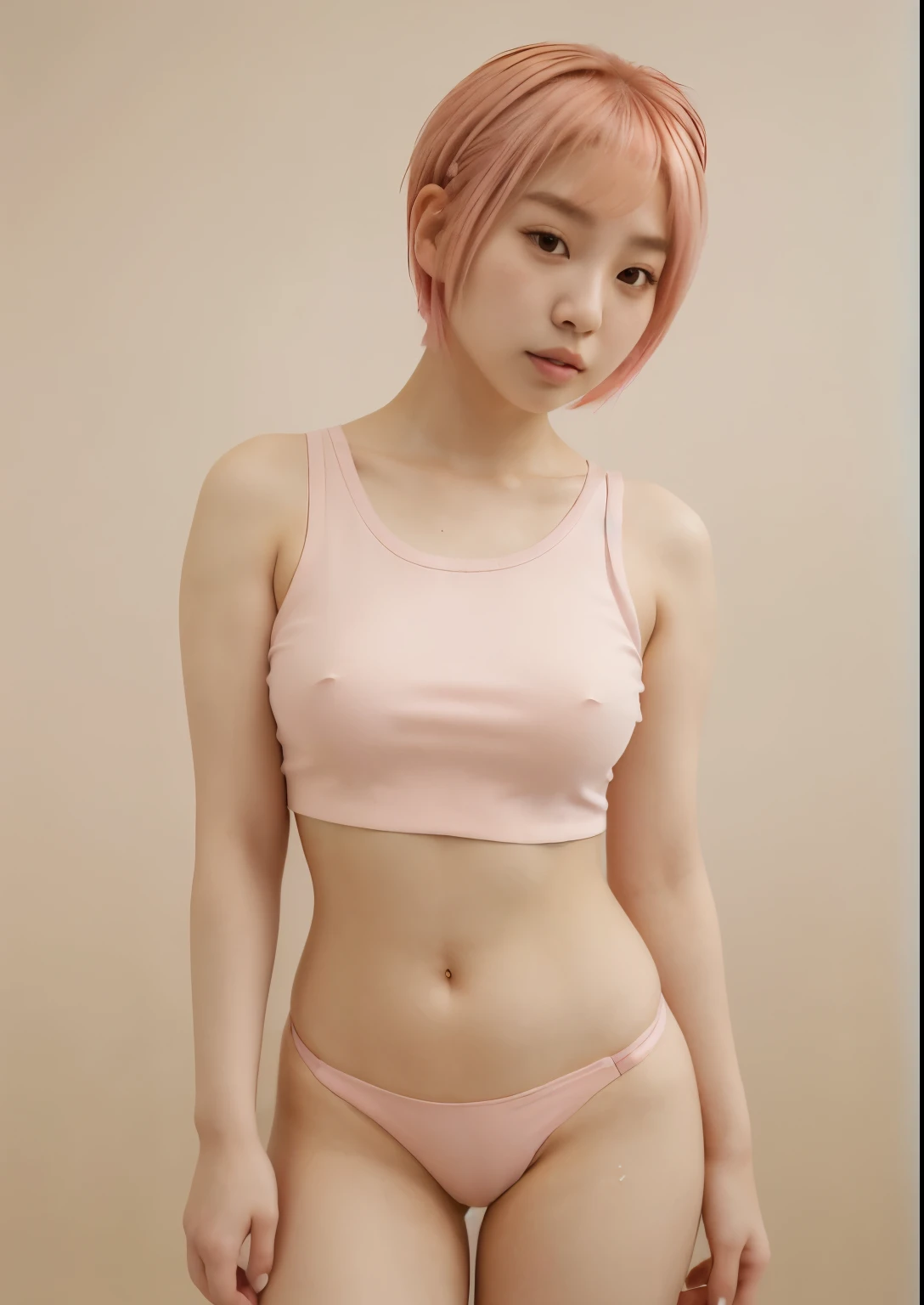arafed woman with pink hair, brown eyes and wearing a white top, cute girl with short pink hair, with pink hair, smooth pink skin, korean girl, gorgeous young korean woman, pastel pink skin tone, flowing pink hair, beautiful young korean woman, beautiful south korean woman, heonhwa choe, with short hair, pale milky white porcelain skin, roseanne park of blackpink, only upper body