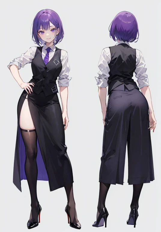 ((Perfect Face)),Purple Hair,short hair,1 female,,,Black vest,A shirt with rolled up sleeves,tie,skirt,slit,High heels,,((Simple Background)),((smile)),((Full Body)),((full body)),Character portrait,Character sheet,upright,