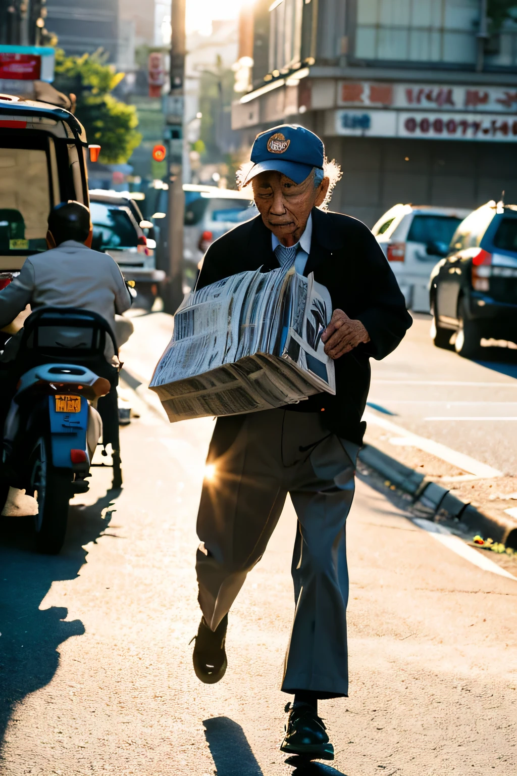 An elderly Japanese man working as a newspaper delivery man（Dressed in work clothes）
Men、In the light of the morning sun、A stack of newspapers on a moped、Running down the street。