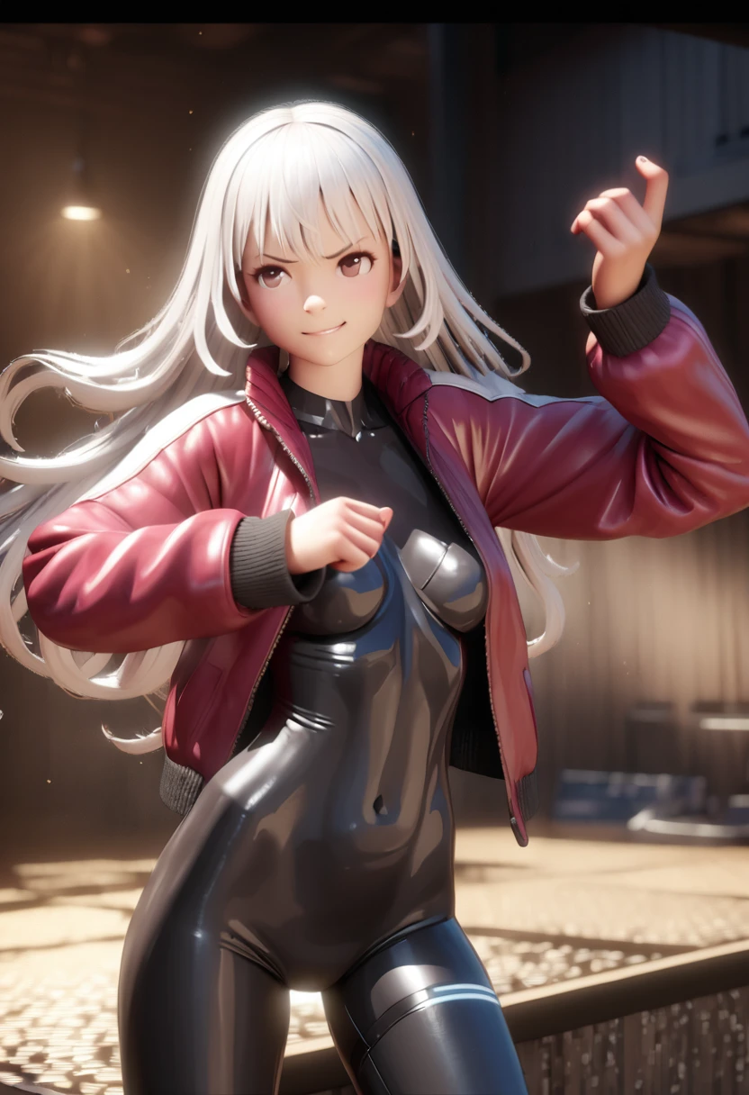 (1girl:1.2),(solo:1.2),masterpiece,best quality,highly detailed,best quality, ,highres,extremely detailed wallpaper,third-party edit,angry expression,black silk bodysuit,long white hair, (Dynamic poses), Anatomically correct:2,jacket,hand on waist,realistic，smile，cute，beautiful，3d，Skin Texture，movie level lighting，Depth of Field，Complex neurological background，Interweaving of light and shadow