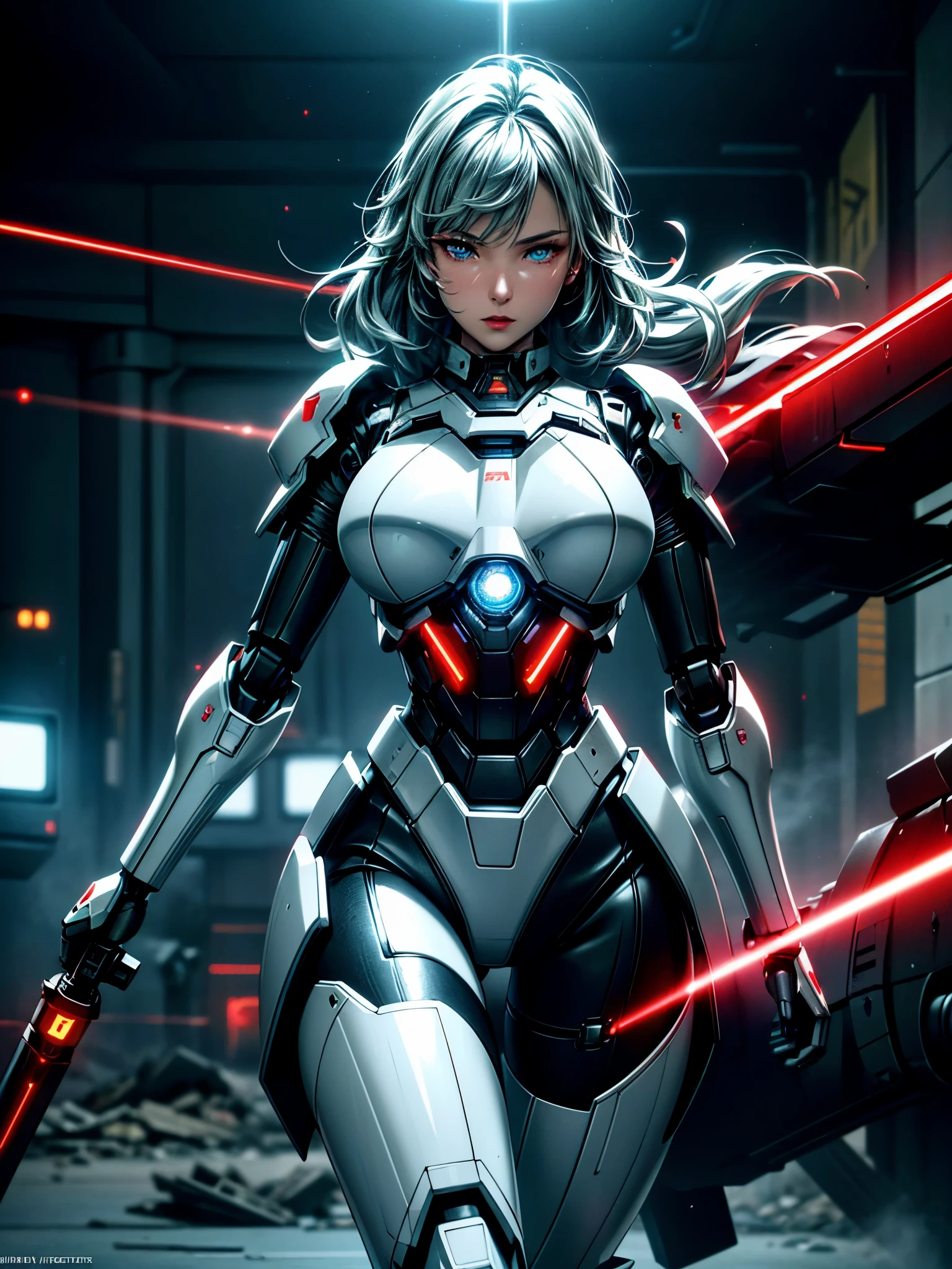 Ultra-wide shot,(Sexy female robot in futuristic armor),(retain human body characteristics),fantasy,Science Fiction,Break,
Beautiful female face,Tempting,sexy,mist,Vivid and charming eyes,(Glowing eyes),Super detailed eyes,Fine textured face,soft textured skin,holding laser-sword weapon,red Glowing laser-sword,white and darkgrey armor,High detail armor,with scratches and burned,Break,
background,(In a destroyed futuristic city),destory,in war,giant robot,giant robott walking in the distance,with Laser-weapons,Laser light emitted from weapons,Electric light,Fight back,counterattack,Break,
dramatic,Best quality masterpiece,Reality,detailed,HDR,Shallow and deep,Movie Lighting,Shining,Clear focus,Bloom,Chromatic Aberration,Futurism,Verism,anime style,sparkle,glowing light,ray tracing,reflection light,drop shadow,chromatic aberration abuse,cinematic lighting,high detail,8k,super detail,UHD,retina,highres,masterpiece,award winning,ccurate