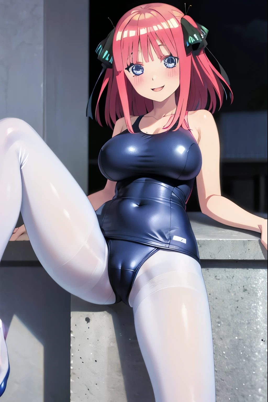 best quality, ultra-detailed masterpiece, anime art style, cute characters, nino nakano, one-piece swimsuit, large breasts, pantyhose, blush, smile, open legs