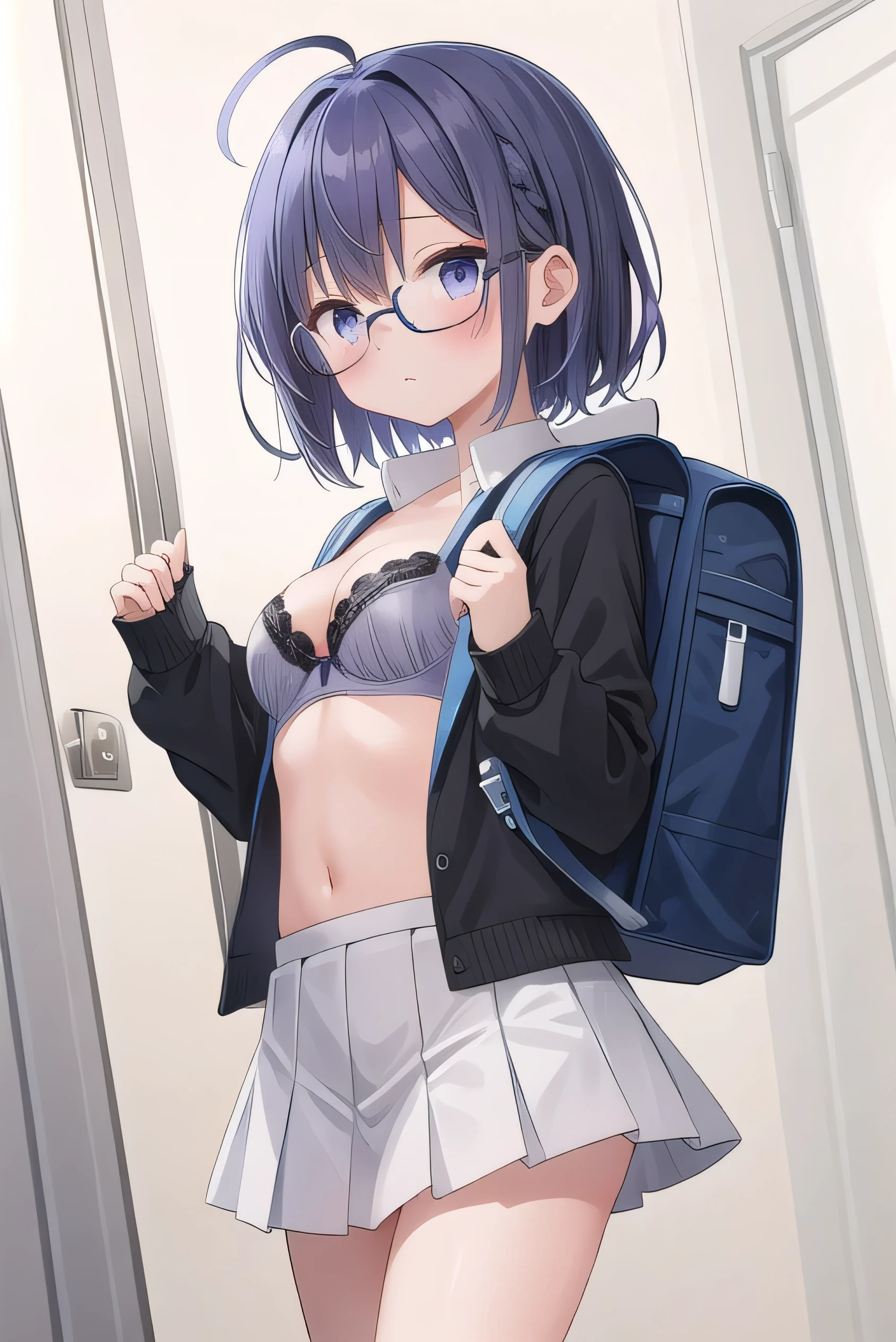 Purple hair, gray eyes, white , navy blue miniskirt, , short, short long hair, kind expression, shy, backpack, almost no breasts, slightly exposed. hair,(flipped hair ), flipped hair, long sleeves, ahoge, girl alone, flipped hair, flipped hair, flipped hair, flipped hair, glasses with no edges, embarrassed, ,her bra is visible
