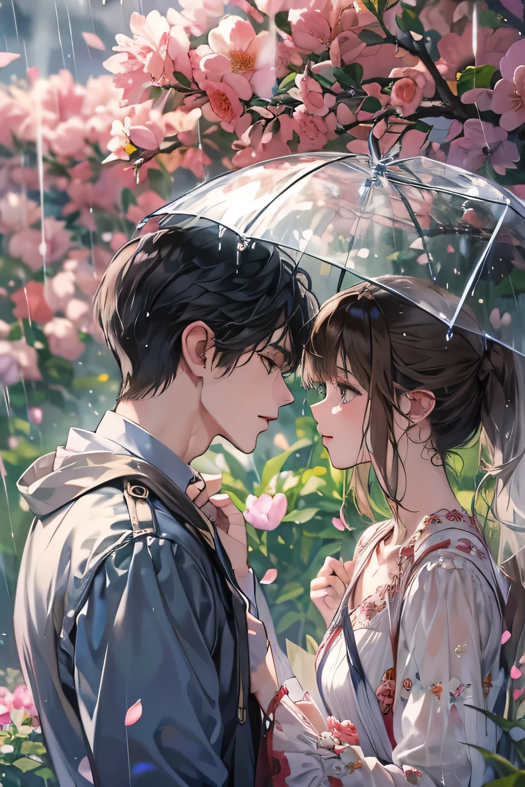 Anime couple under umbrella in the rain with pink flowers - SeaArt AI