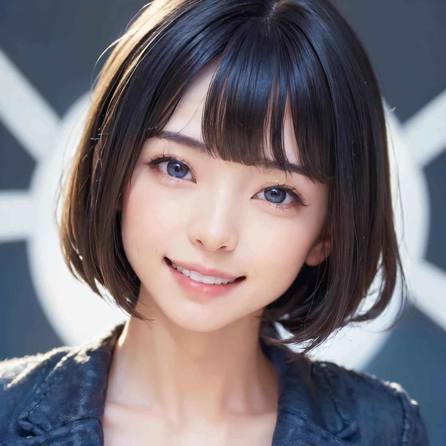 (masterpiece, highest quality、software:1.8), ((1 female:1.6, solo:1.3)), Realistic, Realistic, Looking at the audience, lips, bangs, Mouth closed,happy smile、 Upper Body、Big eyes、eyelash、((very simple dark blue background:2、Beautiful face in symmetry))、(((bangs、Big eyes、big and full breasts、Looking at the audience、Beautiful beauty、smile、please close your mouth and smile)))、Ideal body type