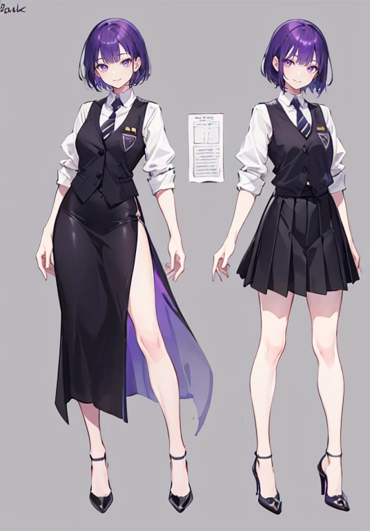 ((Perfect Face)),Purple Hair,short hair,1 female,,,Black vest,A shirt with rolled up sleeves,tie,skirt,slit,High heels,,((Simple Background)),((smile)),((Full Body)),((full body)),Character portrait,Character sheet,upright,