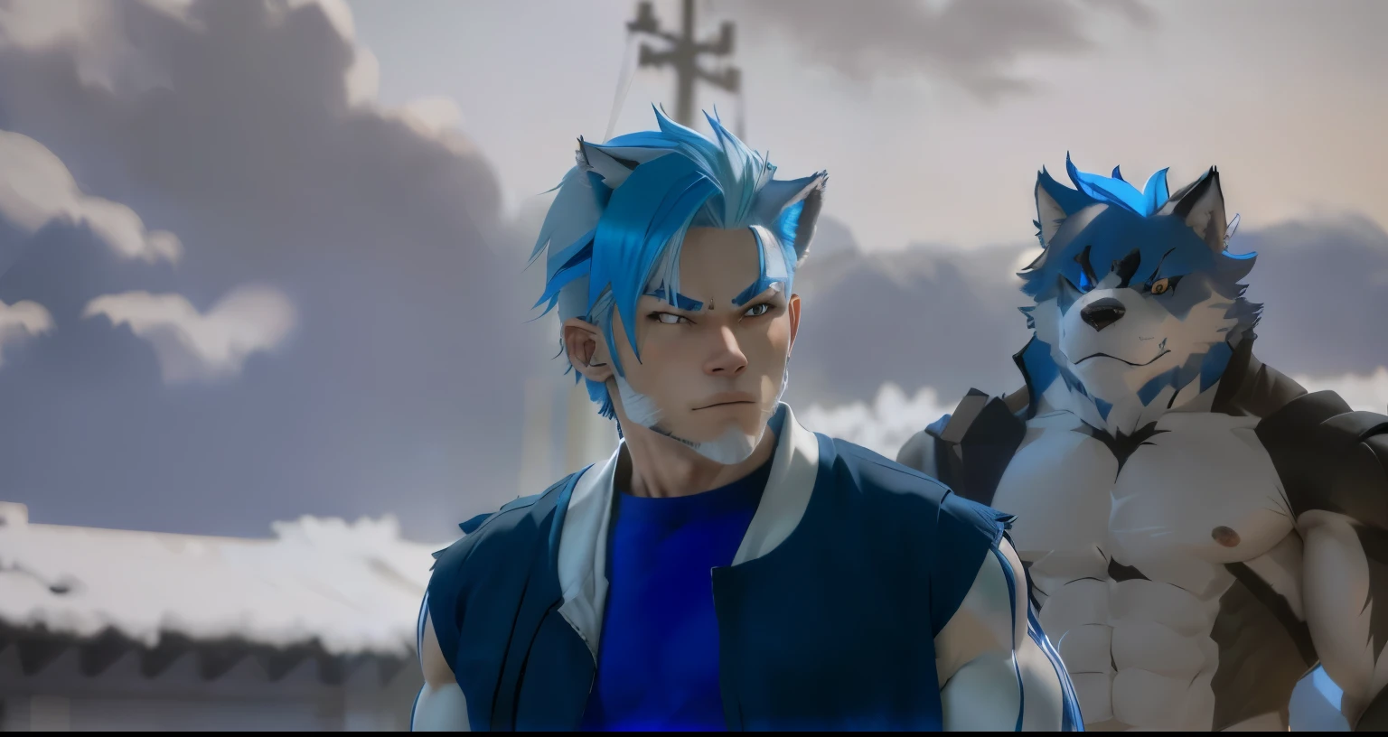 Anime furry, male, wolf man, human blue hair, muscle furry