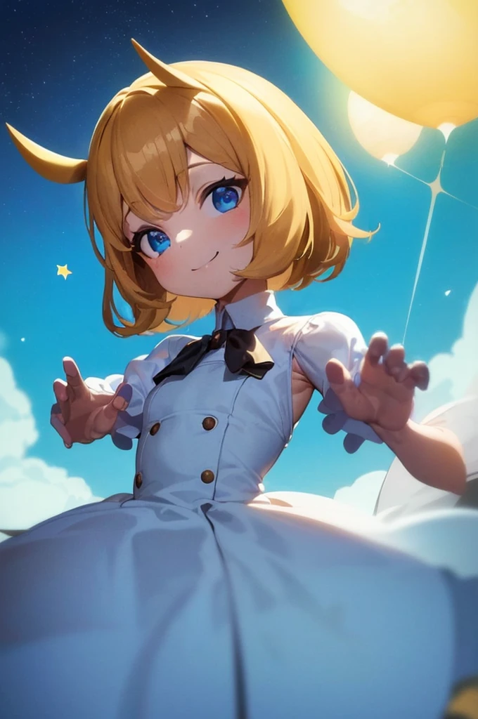 1 chica, solo, absurdos, mejor calidad, (cocky smile:1.2), pelo blanco, blue eyes, vestido sin mangas, adorno para el pelo, vestido negro, corto, cola de caballo lateral, pelo largo, al aire libre, nochetime, noche, Ciudad, estrellas, cielo estrellado, small breasts, pecho plano, guantes blancos, medias blancas, (manos en la cintura:1.2), (retrato, directo, Punto de vista, mirando al espectador, parte superior del cuerpo:1.3)