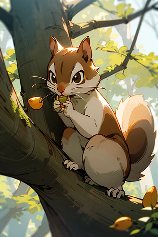 A cute squirrel character eating acorns in the forest