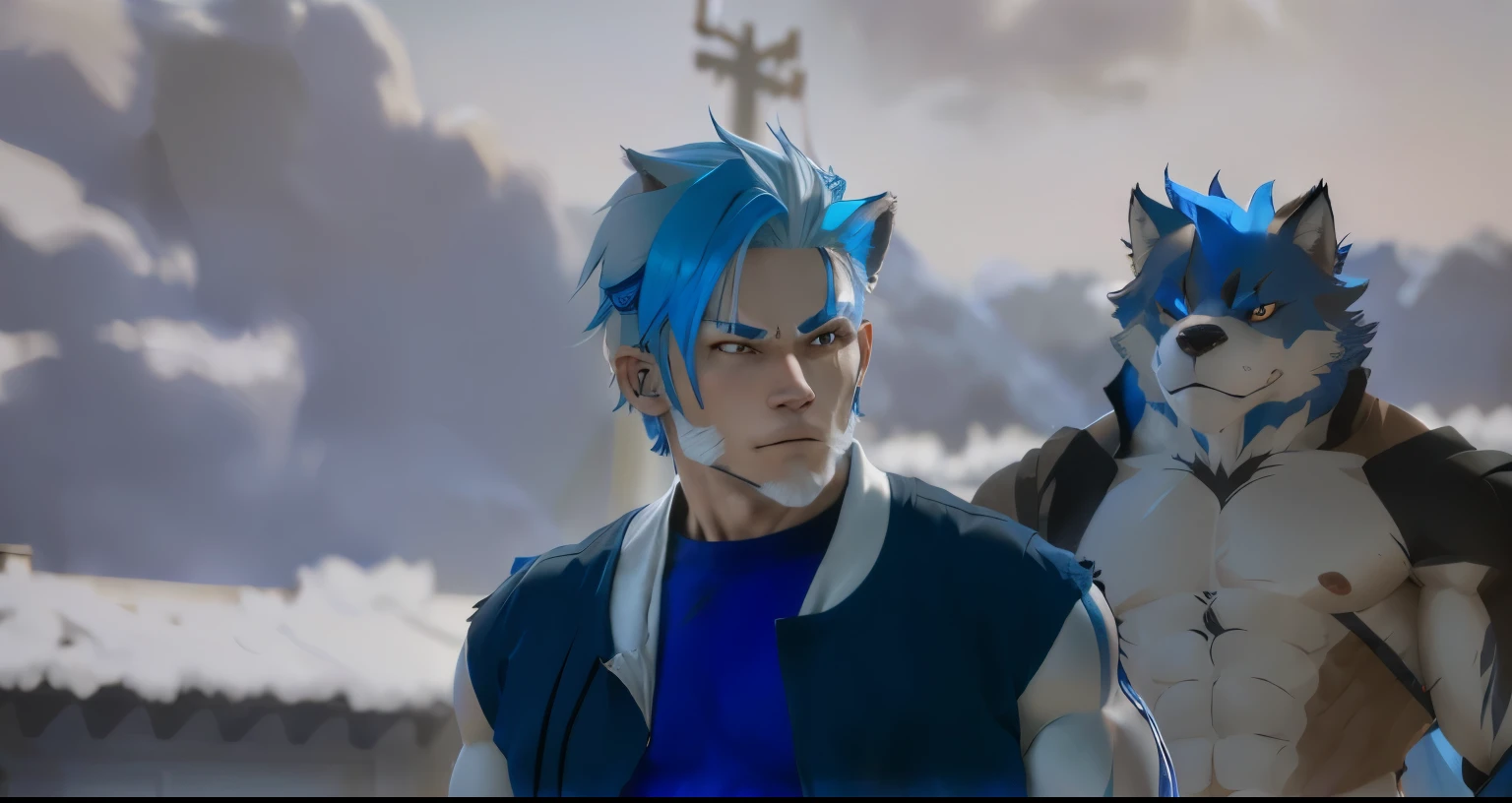 Anime furry, male, wolf man, human blue hair, muscle furry