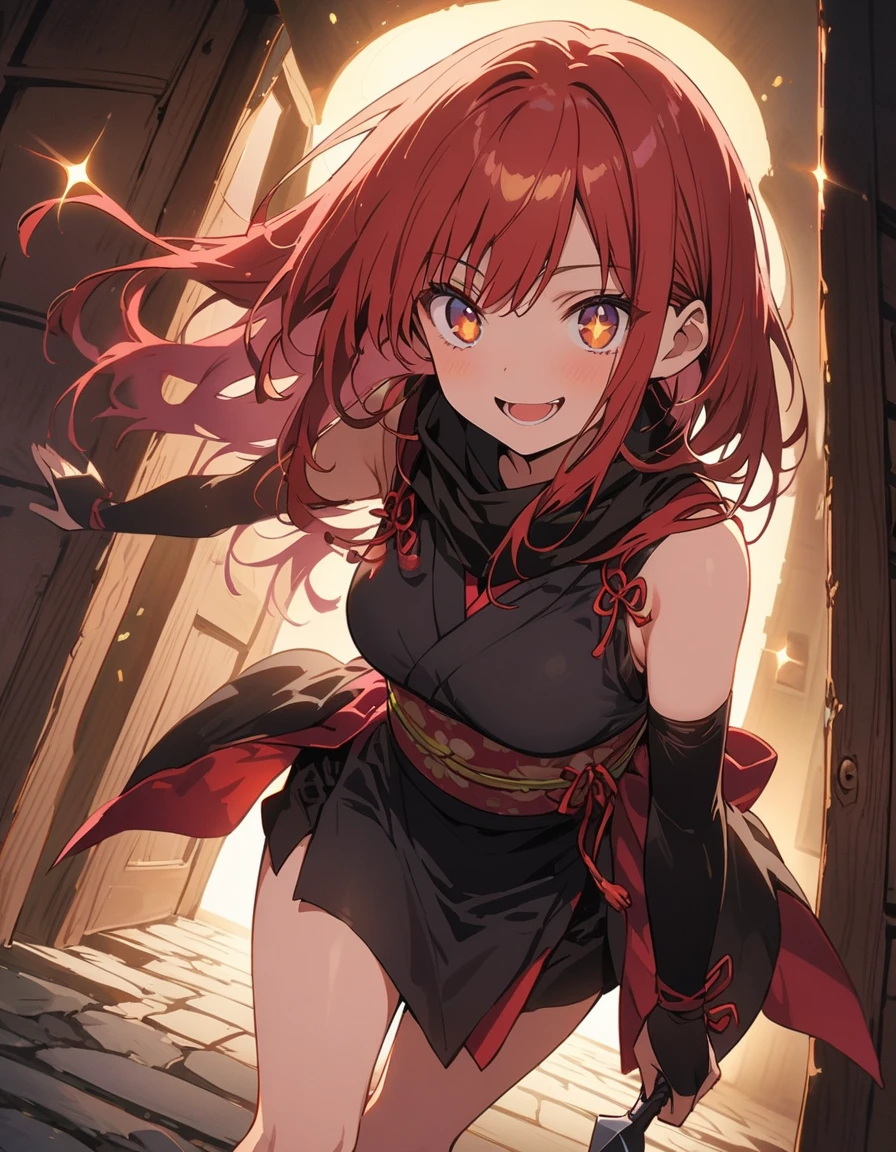 Beautiful girl, Female ninja,Female Ninja、 Short Red Hair, Sparkling brown eyes, (arms、Kunai), a purple and pink , (lit),Thighs、 Castle town background at night, Japanese Castle Town、複雑なdetailed,(highest quality、masterpiece、High resolution、detailed)、animeスタイル、Flat Style、(Shining Eyes、detailed美しい顔), BREAK,extremely detailed(The Shining), Best lighting, Best Shadow、High saturation、Dynamic Angle、anime