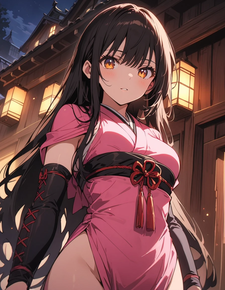 Beautiful girl, Female ninja,Female Ninja、 Short Red Hair, Sparkling brown eyes, (arms、Kunai), a purple and pink , (lit),Thighs、 Castle town background at night, Japanese Castle Town、複雑なdetailed,(highest quality、masterpiece、High resolution、detailed)、animeスタイル、Flat Style、(Shining Eyes、detailed美しい顔), BREAK,extremely detailed(The Shining), Best lighting, Best Shadow、High saturation、Dynamic Angle、anime