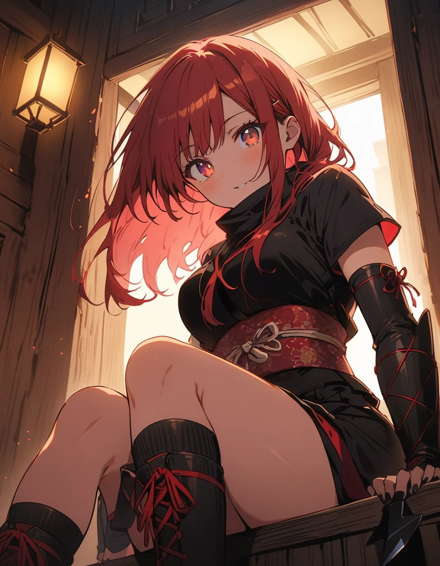 Beautiful girl, Female ninja,Female Ninja、 Short Red Hair, Sparkling brown eyes, (arms、Kunai), a purple and pink , (lit),Thighs、 Castle town background at night, Japanese Castle Town、複雑なdetailed,(highest quality、masterpiece、High resolution、detailed)、animeスタイル、Flat Style、(Shining Eyes、detailed美しい顔), BREAK,extremely detailed(The Shining), Best lighting, Best Shadow、High saturation、Dynamic Angle、anime
