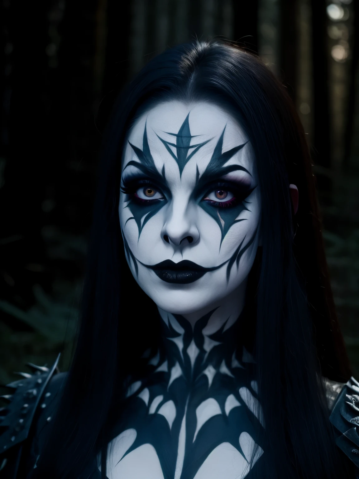 (masterpiece, best quality:1.2), close-up face, solo, highres, best quality, Half body shot of a pale white skin woman with (((black metal make-up))), heavy White and Black face paint, in a dark forest, forest at night, horror movie. high details, super detail, textured skin, masterpiece, UHD, 4K, 8k. ((Cinematic lighting)).