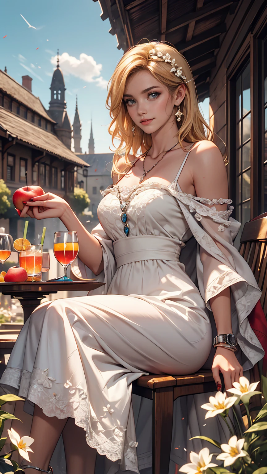 ((最high quality, 8K, masterpiece: 1.3, Ultra HD, high quality, 最high quality, High resolution, realism)) 、(High saturation:1.0), (Highly detailed skin), (最high quality:1.0), (超High resolution:1.0) ,(Realistic:1.0), (Very detailed:1.0), (8K, Raw photo:1.1), slender、Fashion model body type、I want my head to stay off screen、Wear accessories on your wrist、Wearing red nail polish、I have a peticure、25-year-old Caucasian female、Platinum Blonde、blue eyes、long hair、Hair above one eye、smile、Gothic historical building、Sit on a chair on the terrace in the courtyard、The table is decorated with a basket of fruit and cups of drinks.、Wear an off-shoulder bodycon dress、Wear high heelansion garden、Blooming profusely、The ground in the courtyard is grass、Surrounded by a hedge、Blue sky beautiful、It&#39;s early summer、The wind is pleasant