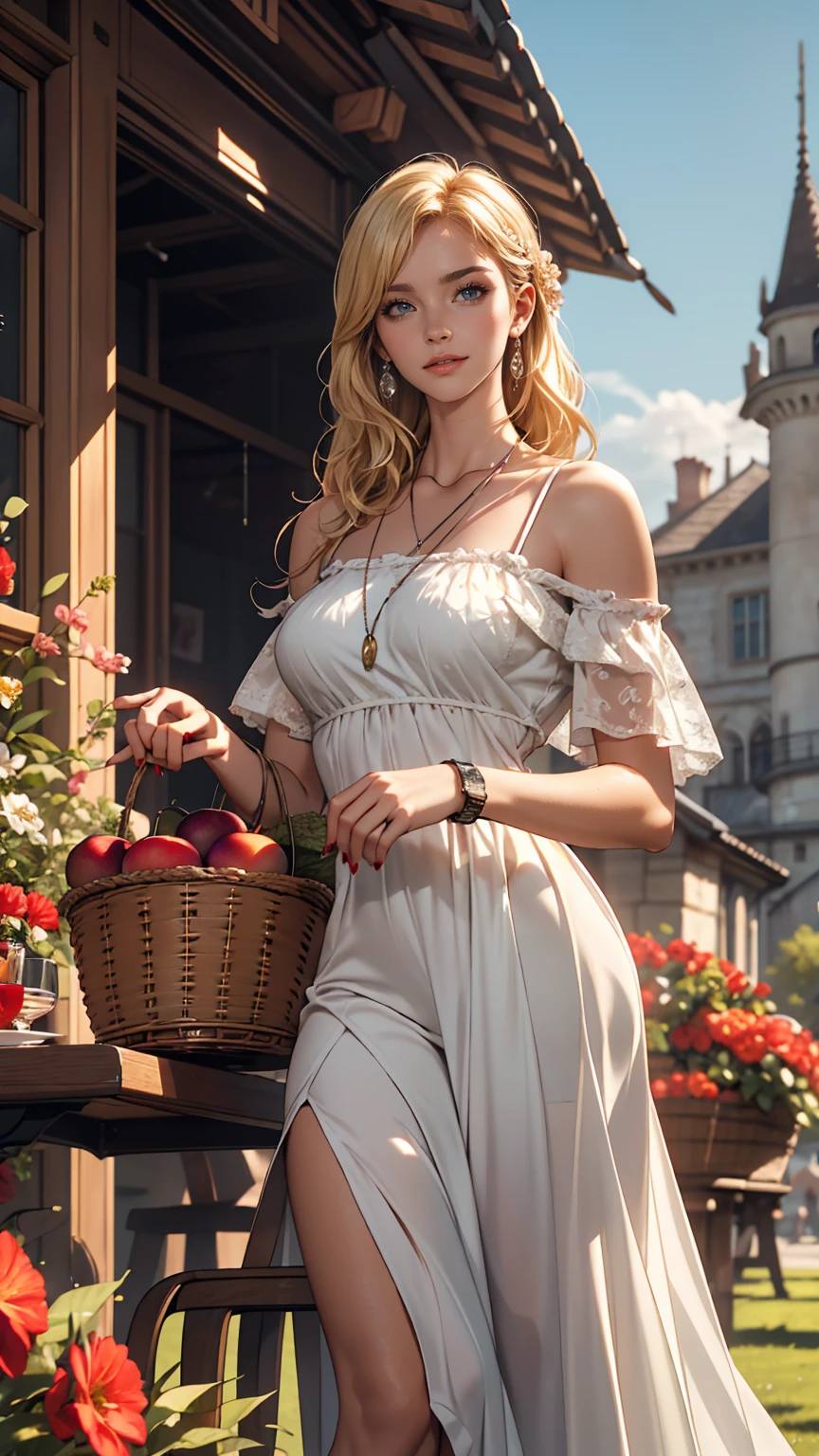 ((最high quality, 8K, masterpiece: 1.3, Ultra HD, high quality, 最high quality, High resolution, realism)) 、(High saturation:1.0), (Highly detailed skin), (最high quality:1.0), (超High resolution:1.0) ,(Realistic:1.0), (Very detailed:1.0), (8K, Raw photo:1.1), slender、Fashion model body type、I want my head to stay off screen、Wear accessories on your wrist、Wearing red nail polish、I have a peticure、25-year-old Caucasian female、Platinum Blonde、blue eyes、long hair、Hair above one eye、smile、Gothic historical building、Sit on a chair on the terrace in the courtyard、The table is decorated with a basket of fruit and cups of drinks.、Wear an off-shoulder bodycon dress、Wear high heelansion garden、Blooming profusely、The ground in the courtyard is grass、Surrounded by a hedge、Blue sky beautiful、It&#39;s early summer、The wind is pleasant