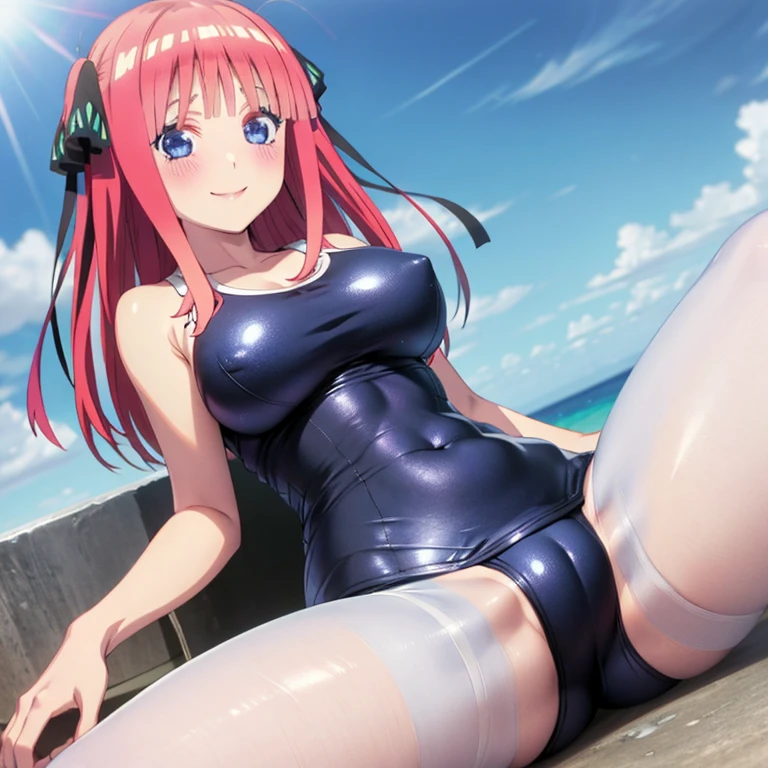 best quality, ultra-detailed masterpiece, anime art style, cute characters, nino nakano, one-piece swimsuit, large breasts, pantyhose, blush, smile, open legs