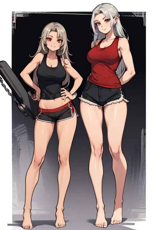 female, silver long hair with black highlights, red eyes, tan skin, (((1girl))), (((red tank top))), (black gym shorts), barefoot, cute and sexy, large breasts, large butt, full body, long legs, smiling