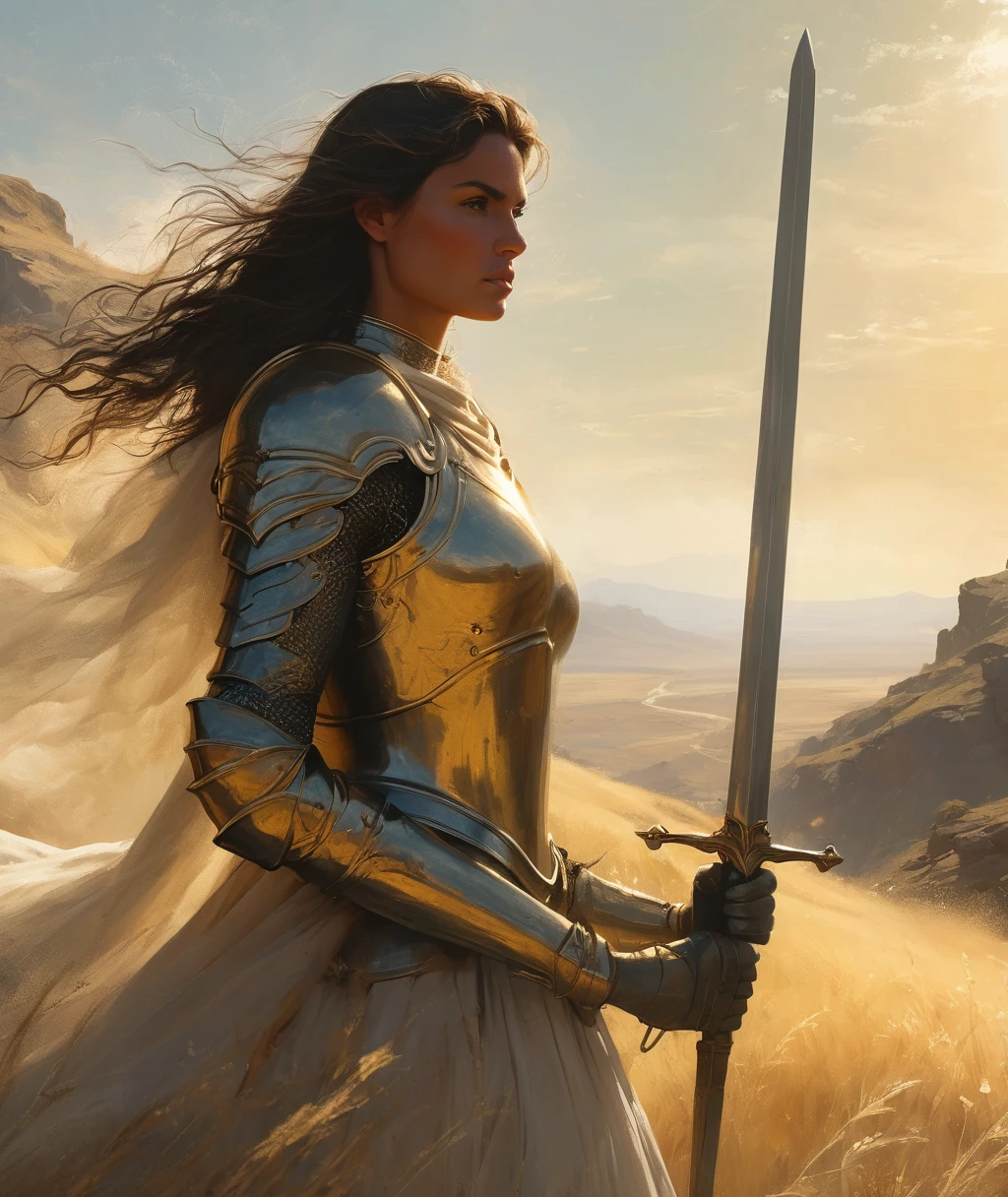 (best quality,4k,8k,highres,masterpiece:1.2),minimalist journey,anatomically correct,woman warrior,1sword,holding hilt,steel armor,flowing dark hair,confident expression,courageous posture,strong physique,elegant silhouette,dusty path,breathtaking landscapes,sunlit horizon,subtle color palette,warm golden tones,dappled sunlight,soft shadows,ethereal atmosphere,delicate brushstrokes,impressionistic style，solo