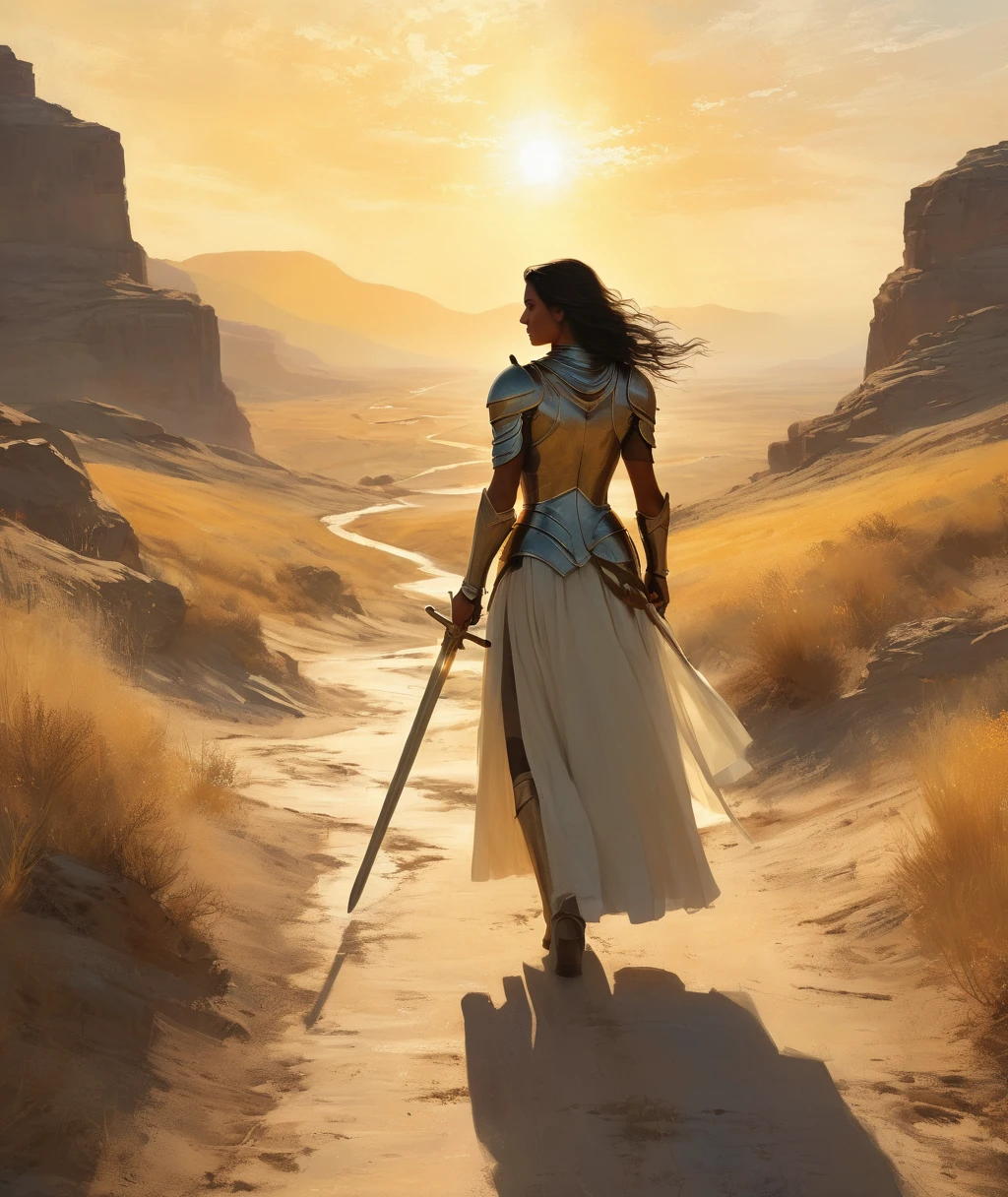 (best quality,4k,8k,highres,masterpiece:1.2),minimalist journey,anatomically correct,woman warrior,1sword,holding hilt,steel armor,flowing dark hair,confident expression,courageous posture,strong physique,elegant silhouette,dusty path,breathtaking landscapes,sunlit horizon,subtle color palette,warm golden tones,dappled sunlight,soft shadows,ethereal atmosphere,delicate brushstrokes,impressionistic style，solo
