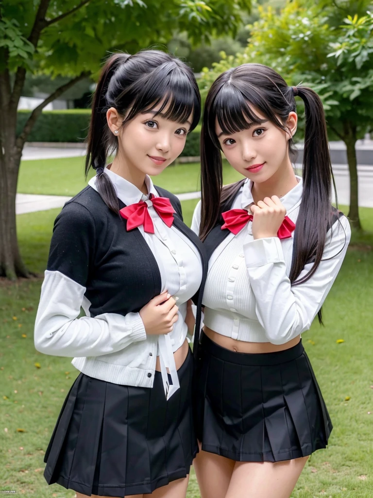 (8K,RAW Photos,highest quality,masterpiece:1.5),Two girls taking a photo in front of a tree, sakimichan, Chiho, ponytail, 🍁 cute, Ulzzang, 🚿🗝📝, Twin tail hairstyle, seifuku, 8k selfie, shikamimi, Two Pigtails Hairstyle, Middle Metaverse, Twin tails white_gloves,(Huge breasts:1.3), (mini skirt), (whole body:1.2)