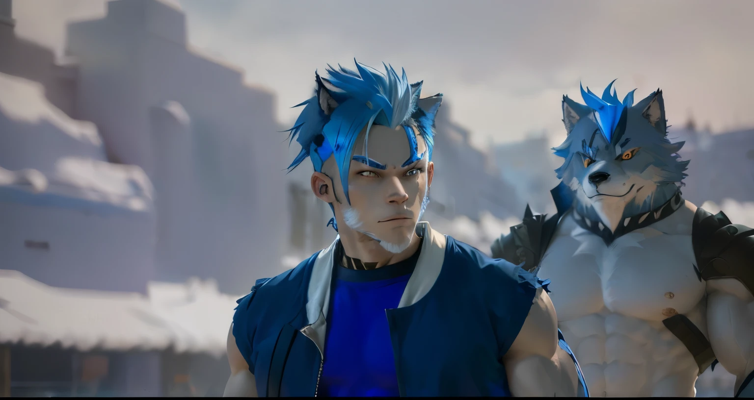 Anime furry, male, wolf man, human blue hair, muscle furry