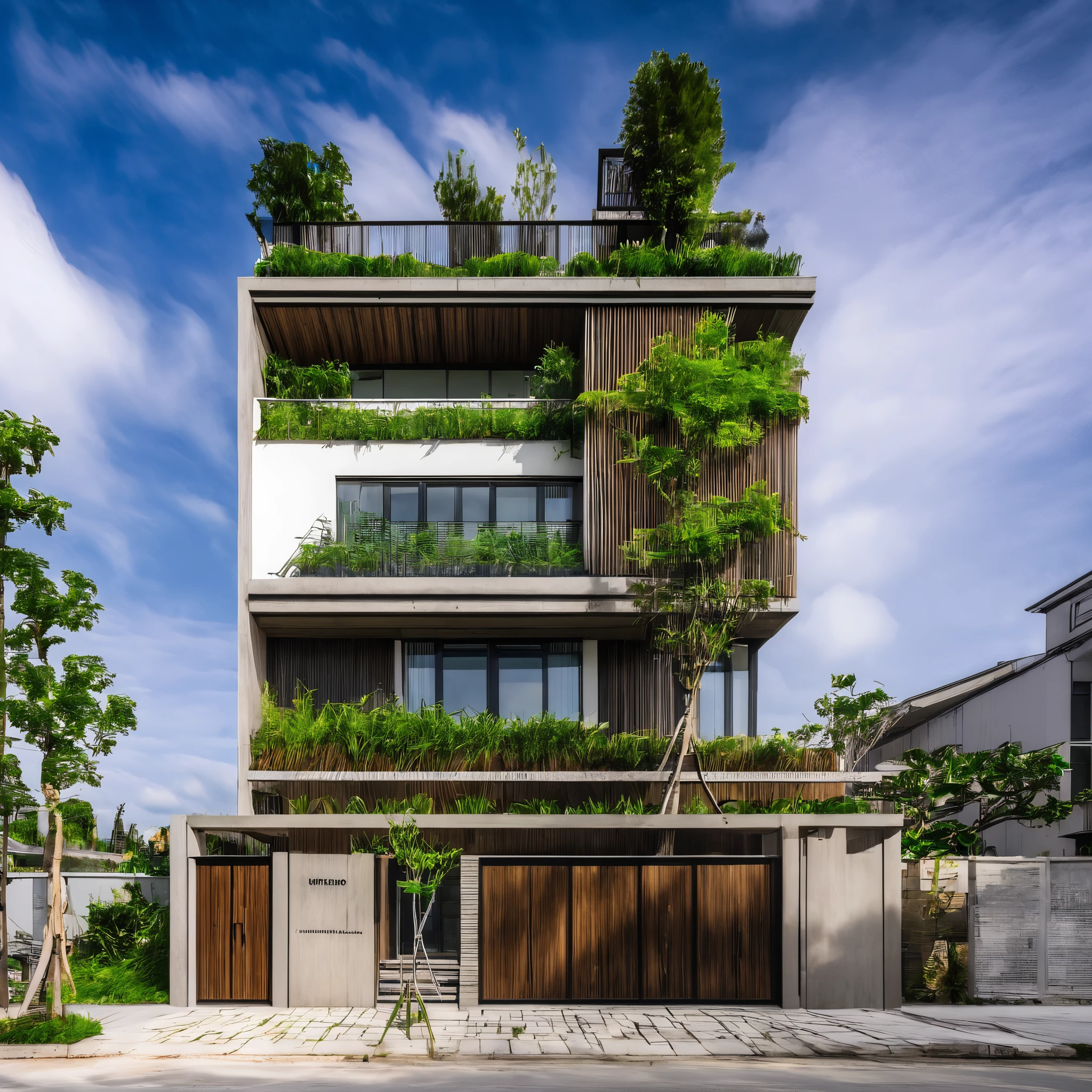 Raw photo of modern architecture,  house, Fujifilm XT3, full Shot, high quality,  best quality,  authentic, super detail, 8k uhd, indoors, dark tone,daylight, sky, tree, grass, natural stone,