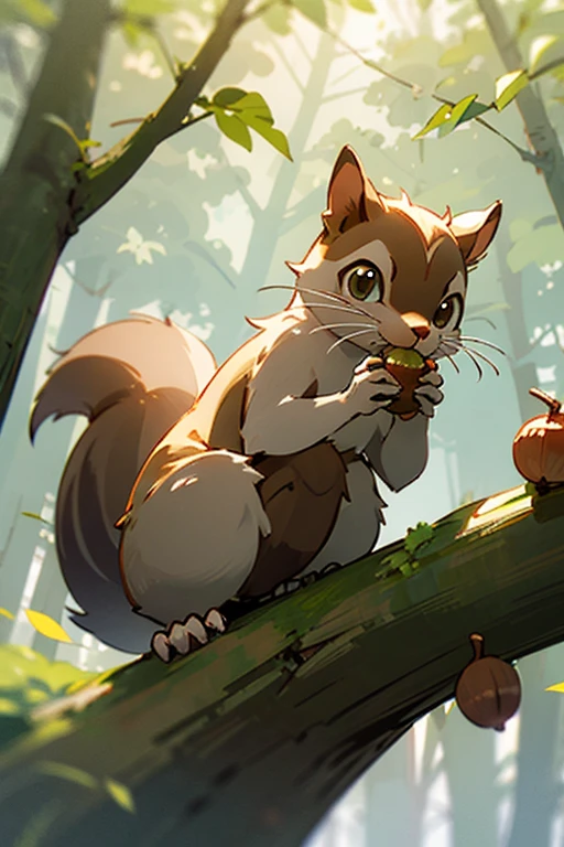 A cute squirrel character eating acorns in the forest
