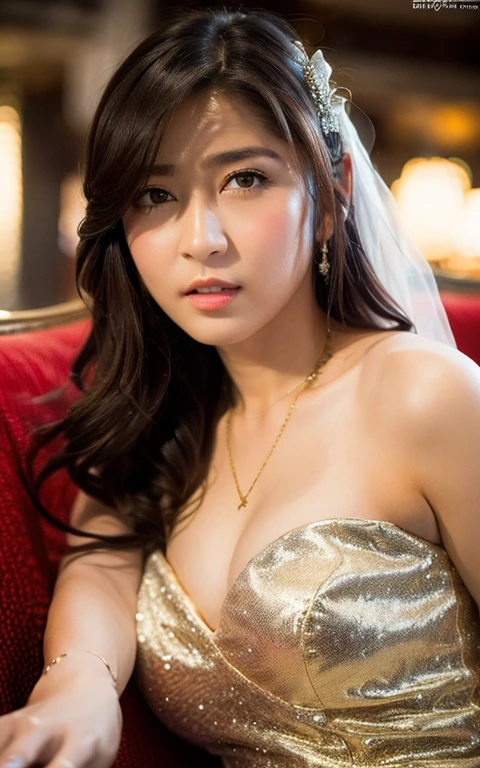 Highly detailed CG Unity 8k wallpaper, top quality, super detailed, masterpiece, realistic, photorealistic, highly detailed cute girl, (25 years old), blush, round eyes, medium breasts, semi-body shot, white sexy wedding dress, sit on bride sofa , eyes into camera, wear bracelet, wear gold luxury necklace