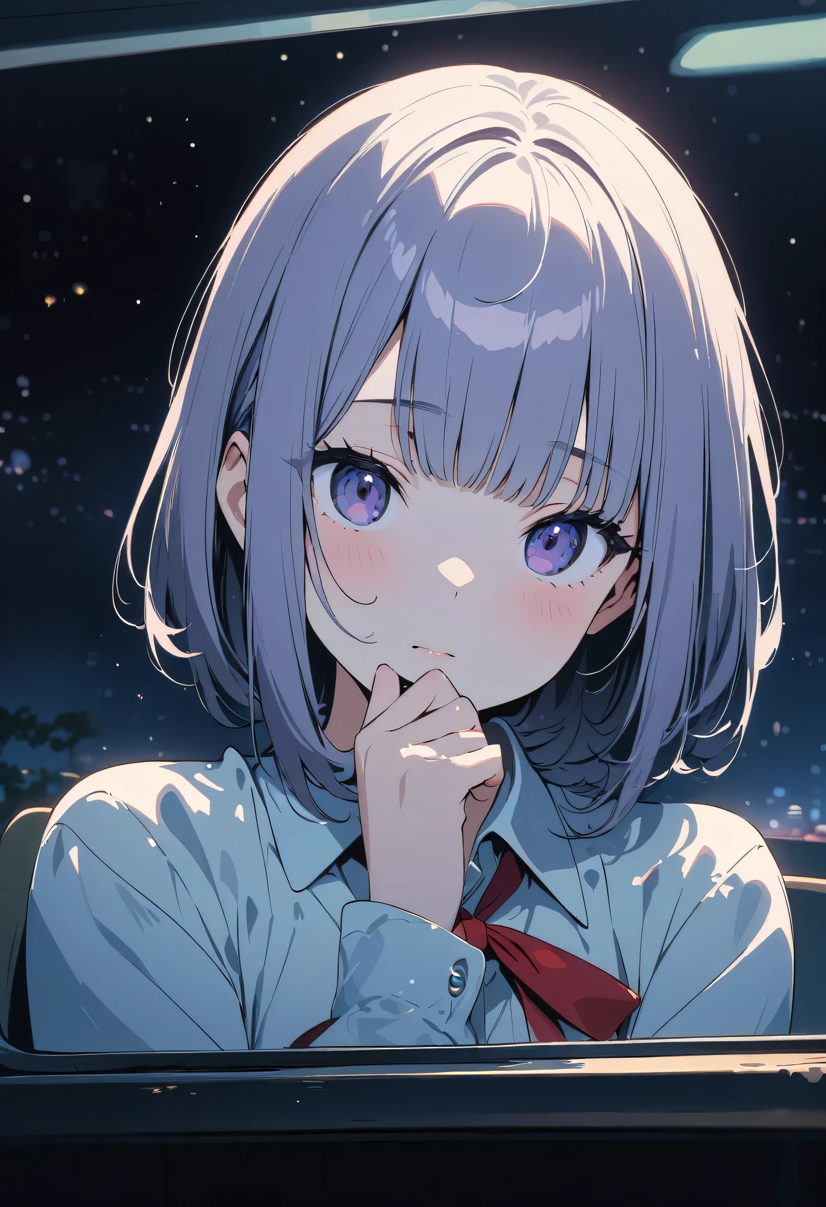 (masterpiece:1.3), (best quality:1.2), (illustration:1.2), (ultra detailed:1.2), (pixiv:1.4),
ultrlooking at viewer
,portrait shot, (masterpiece)1.3, anime visual, flat chest,slim, On a night train ride home, a girl rests her chin on her hands as she gazes out at the night view. Her image is reflecteda high res, watercolor, a girl with lavender-colored and blunt bangs hair,Navy blue blazer, white shirt, red ribbon tie, navy and white checked skirt,BREAK,
(masterpiece:1.3), (best quality:1.2), (illustration:1.2), (ultra detailed:1.2), (pixiv:1.4),
ultra high res, On a night train ride home, a girl rests her chin on her hands as she gazes out at the night view. Her image is reflected in the glass,