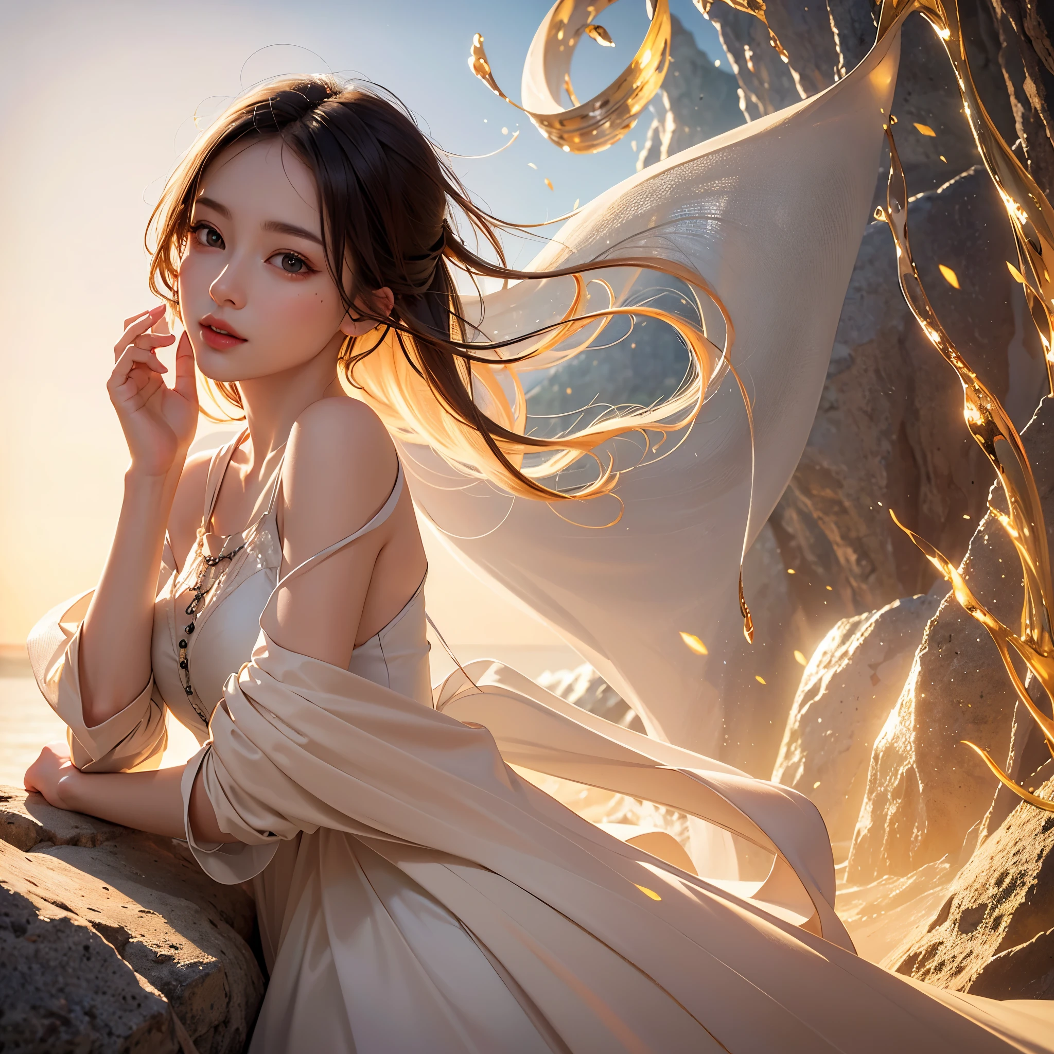 long shot, full body image, (GOOD:1.5),(highly detailed CG 8k wallpaper, masterpiece, of the highest quality, Super detailed), (better lighting, best shadows, very delicate and beautiful), floating, high saturation, dynamic angle, ((A girl)), Beautiful, Ningguang City(orchid evening dress) gray hair, Red eyes, very long hair, hair ornaments, hits, (skin wrinkles:1.3), (Soft hair:1.3),