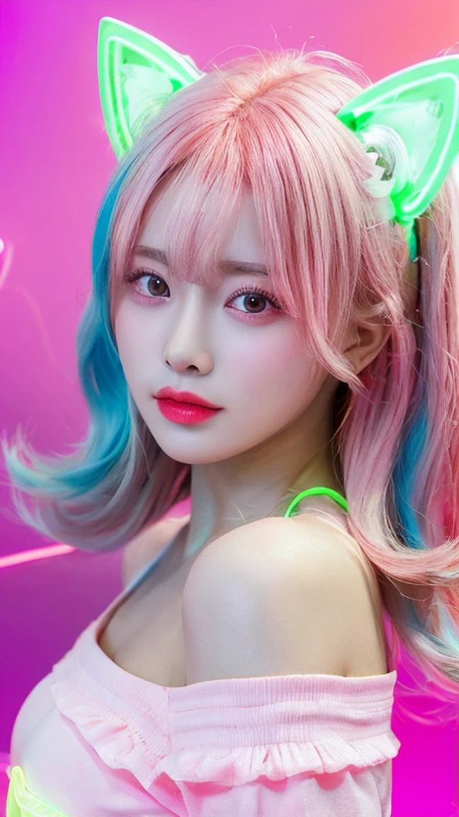 masterpiece, highest quality, 4K, Photorealistic, bokeh, enlightenment,1 perfect portrait of a girl, (A fascinating eye for perfect detail:1.2), colorful hair, (gradient hair), (neon pink hair:1.6), (Cat ear), fantasy background, (exposed bare shoulders), (long-term alienation_sleeve), (lean forward a little), If you look up,hair ornaments,{shy},please shut your mouth, head tilt, movie lighting, oversized clothes, (seductive pose:1.4), (neon pink background:1.6)