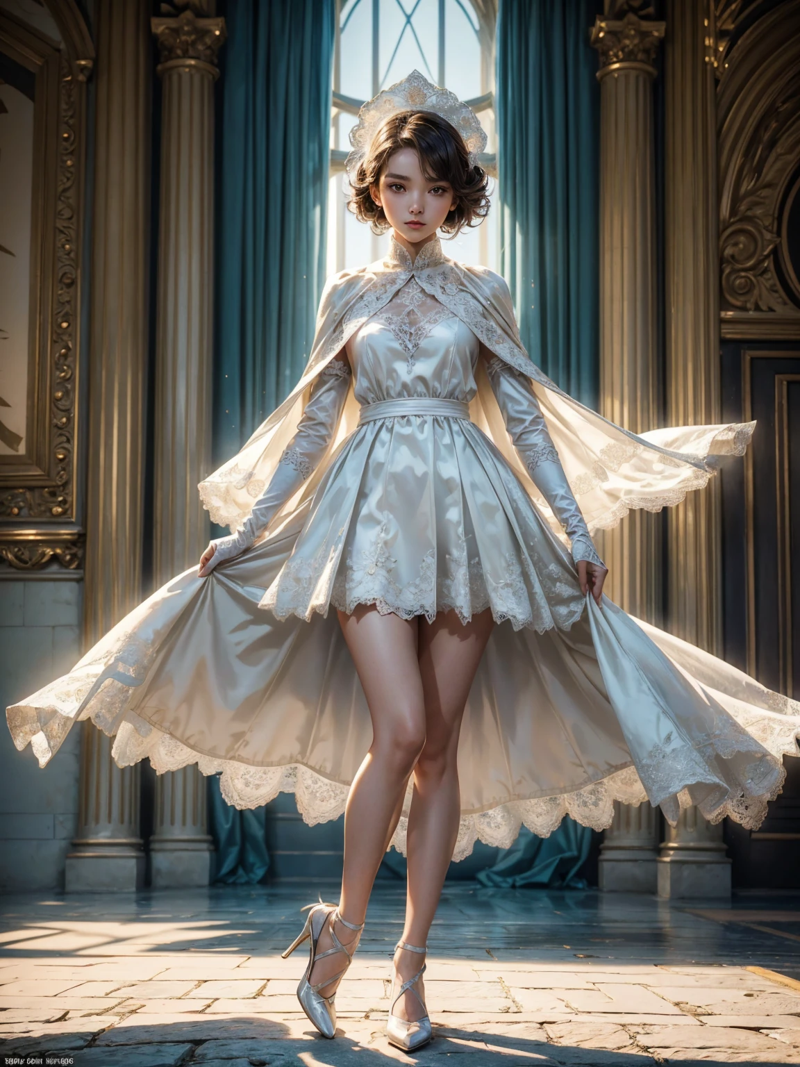 ((show full body from head to toe, standing, body facing to the viewer (show front body)). bright skin, glowing skin, slender legs, slender body, medium breast. young girl, cute girl, young face, cute face. A girl wearing white clothes, long sleeves(lace sleeves), skirts, cloak, robes, cape, gloves, stockings, show heels. short hair with updo. Masterpiece:1.5, illustration:1.1, best quality:1.5, 4k, HDR, balance focused camera view, centered camera view, middle camera view, vertical scape camera, natural lighting, bright lighting, sunlight, daylight, sharp focus, smooth detail, HDR, big resolution, fit image. Outdoor, in front of castle.