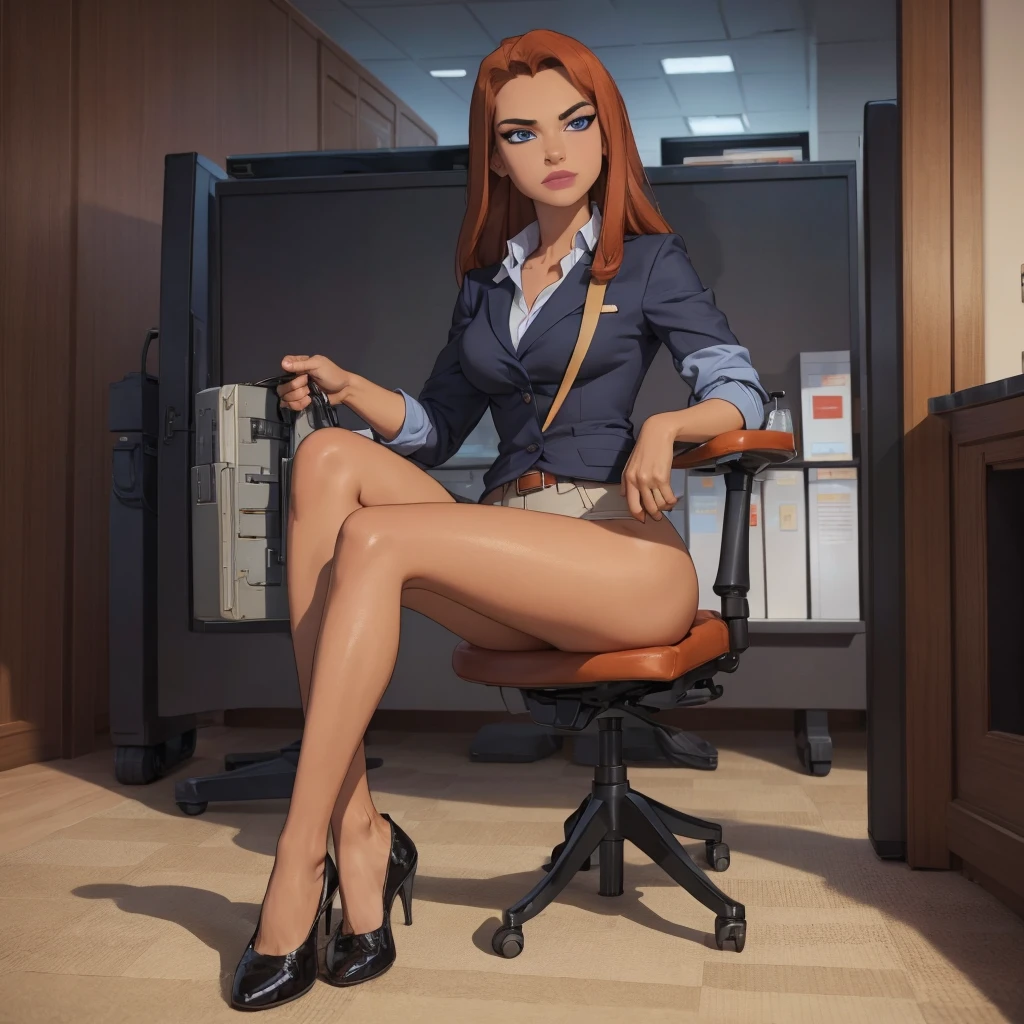 (masterpiece, high quality) woman, formal business suit, shirt, pants, solo , looking at viewer, perfect face, suits tan, tan colour, white shirt,sexy breasts,fit super model body, fit_business_suit s, crystal blue eyes, eyelashes, makeup, skyscraper, full body, she is the boss, ultra quality 4k, super confident, sit like the boss, [From Below, Looking Up][Modern Office Setting] tan colour office suits , tan shoes, foot fetish 