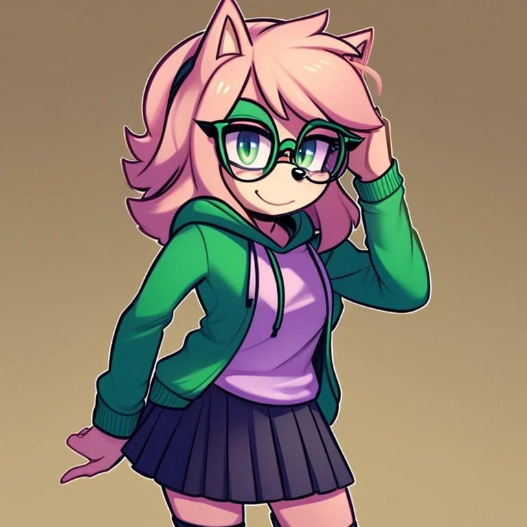 Female Mobian, Hedgehog (green color), messy hairstyle, big NERDY glasses, purple hoodie, grey skirt,