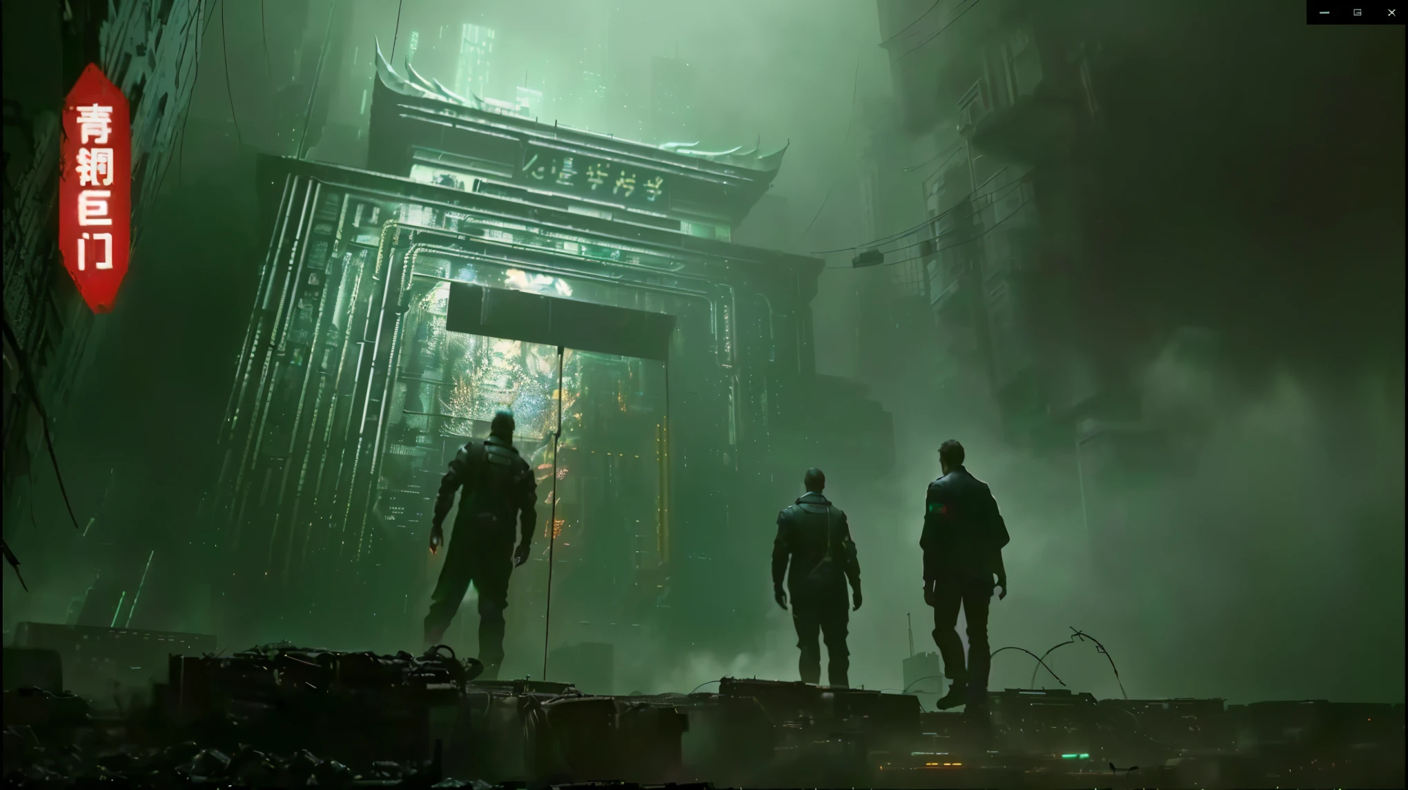 A group of people standing in front of a building with a green light on, Cyberpunk temple, Weird nostalgic concept art, altered carbon style, Depicted as a science fiction scene, Dan Mumford. Virtual rendering, Paul Lyell and Beeple, Blade Runner 2 0 4 9 Concept Art, Blade Runner Chinatown, Dystopian digital concept art, Blade Runner concept art