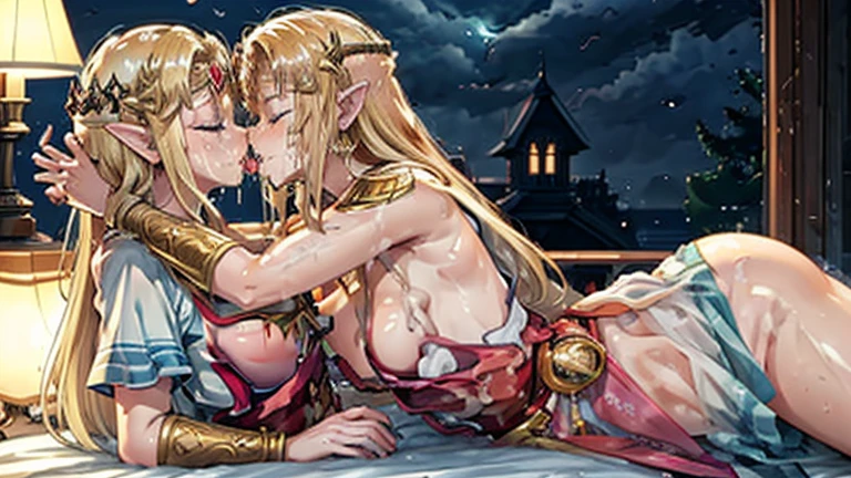 princess zelda and her twin sister kissing in bed, hentai scene, long blonde hair, big breasts, Masterpiece, stunning realistic, movie sex scene, best quality, Sharpness, 2 girls, princess zelda, lying on top of each other, kissing in bed, large breasts,, tongue kiss, closed eyes,full body (2girls, Zelda), short tight dress, sleeveless, cityscape, heavy rain,storm, dusk,dawn, twilight,sunset, full body, soaking wet, sensual body, closed eyes, (silhouette:1.2), wet ground, full scale portrait, total body, both faces kissing in frame