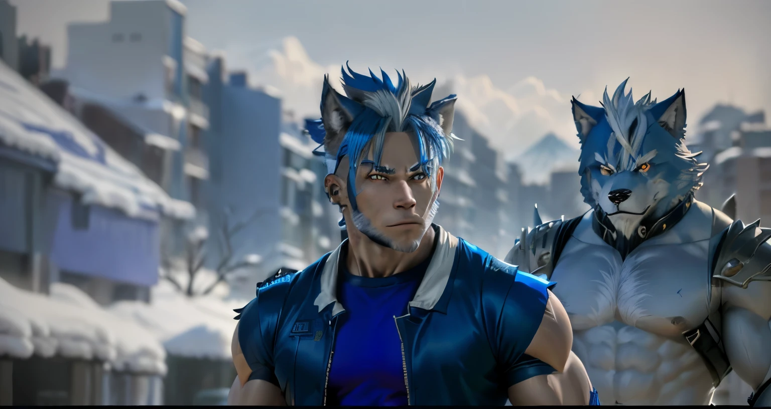 Anime furry, male, wolf man, human blue hair, muscle furry