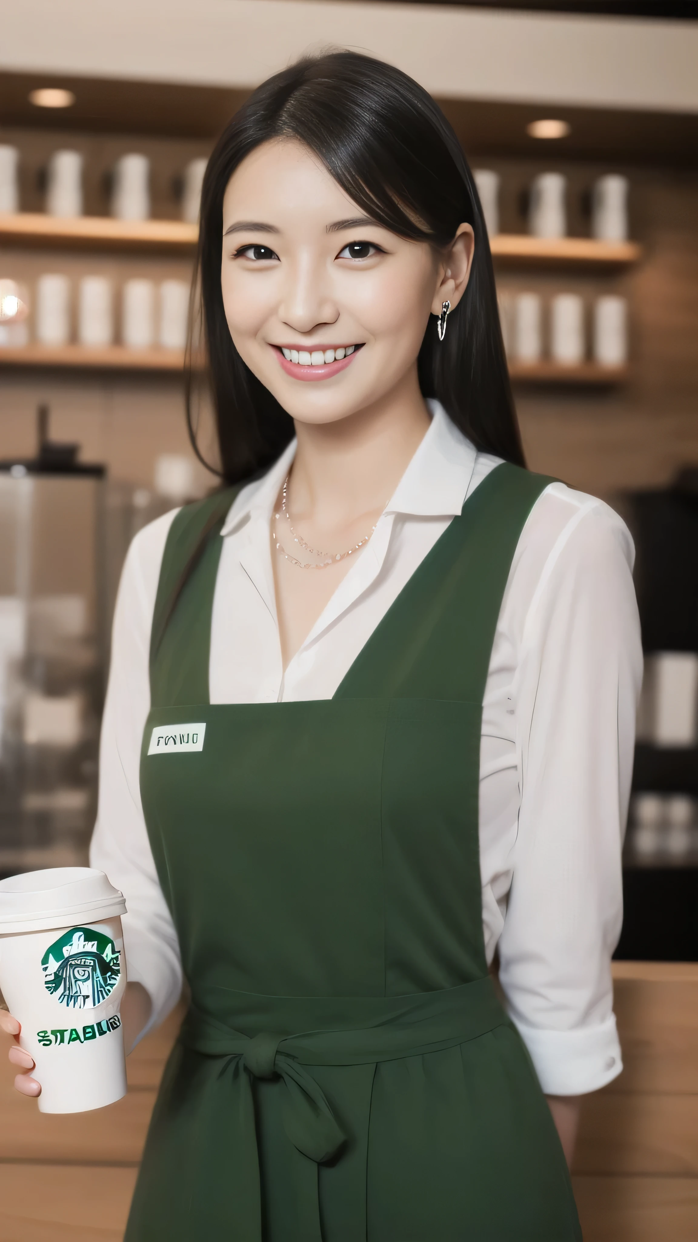 Hostess&#39;s face、Married women、Married Woman、Beauty、Starbucks Uniforms、high quality、Super Ultra Realistic、healthy、smile、Perfect figure、Japanese Beauty、 necklace、Earrings、Perfect eyes, beautiful skin、Upper Body、looking at the camera、Starbucks employee
