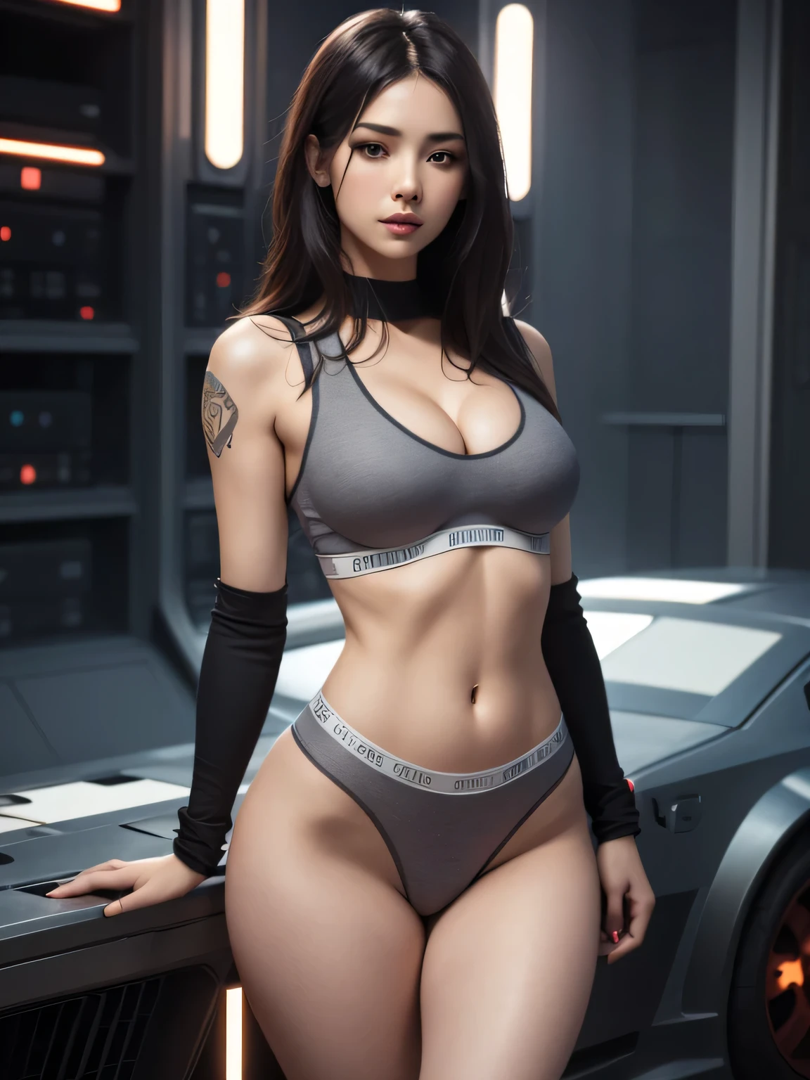 Photorealistic Girl with sci-fi futuristic underwear, matching bra and panties, variety of underwear colours, camel toe, cleavage, tight underwear, jedi tattoo, star wars themed background, sfw,